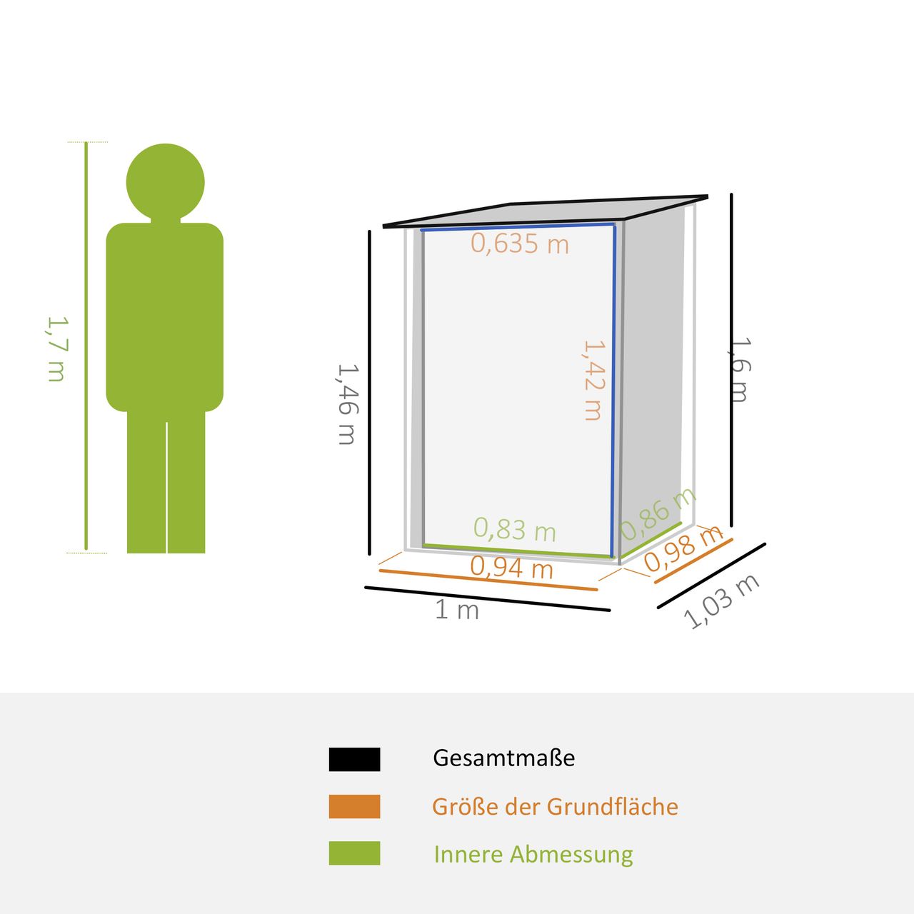 Outsunny Gerätehaus mit Pultdach 1 x 1 m Metall Gartenhaus 0,92m² Stahl Grau