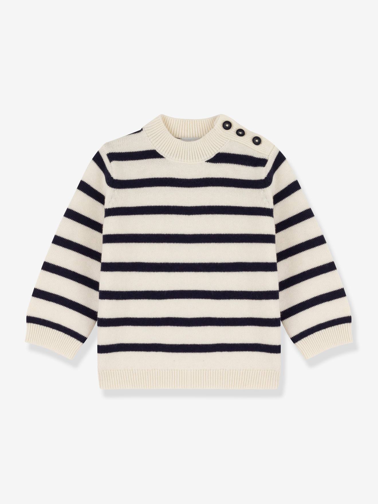 Pull bébé en laine et coton rayé PETIT BATEAU blanc