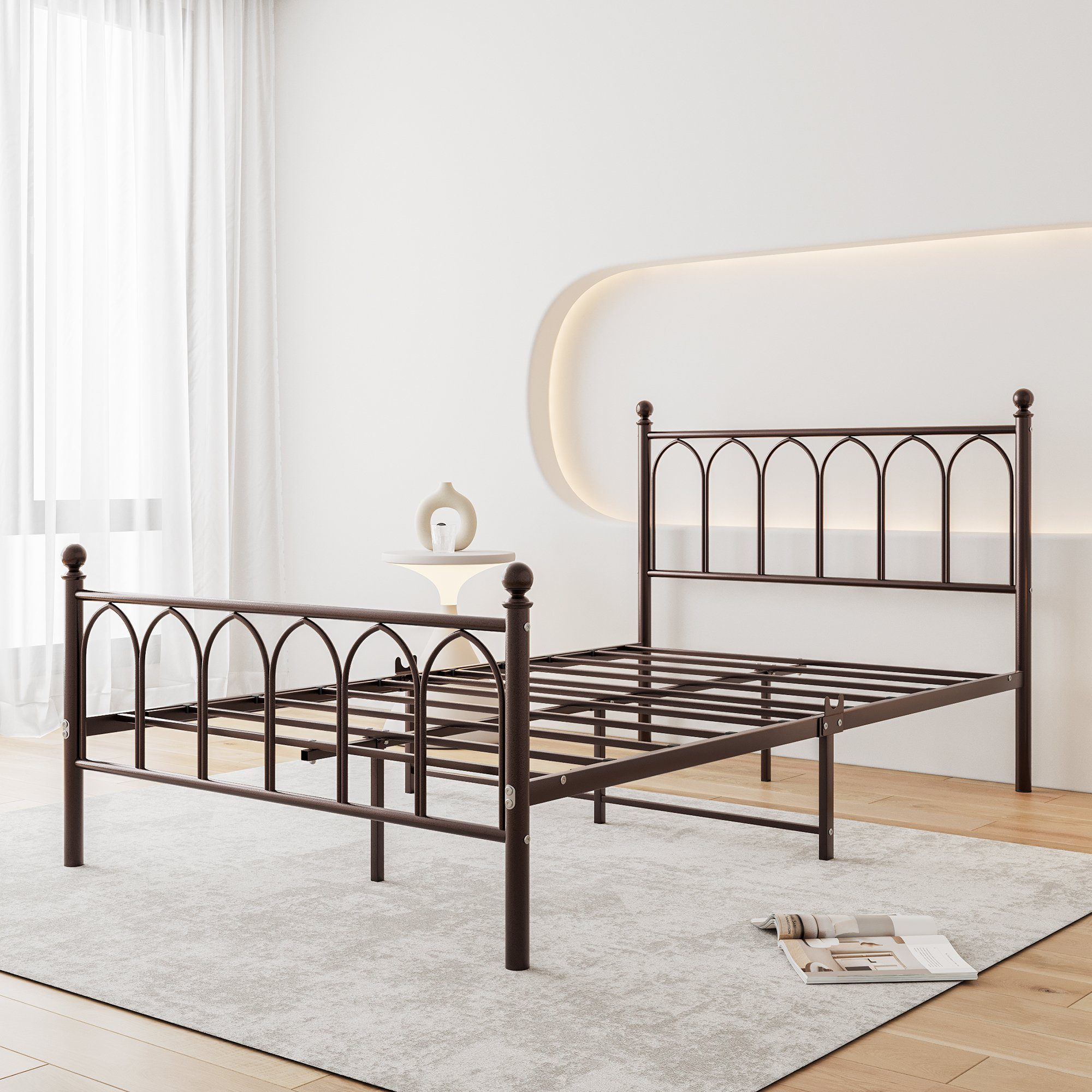 WISHDOR Metallbett Einzelbett mit Lattenrost (120 x 200 cm Braun ohne Martratze), Bettgestell aus Metall, passend für 120 x 200 cm Matratze