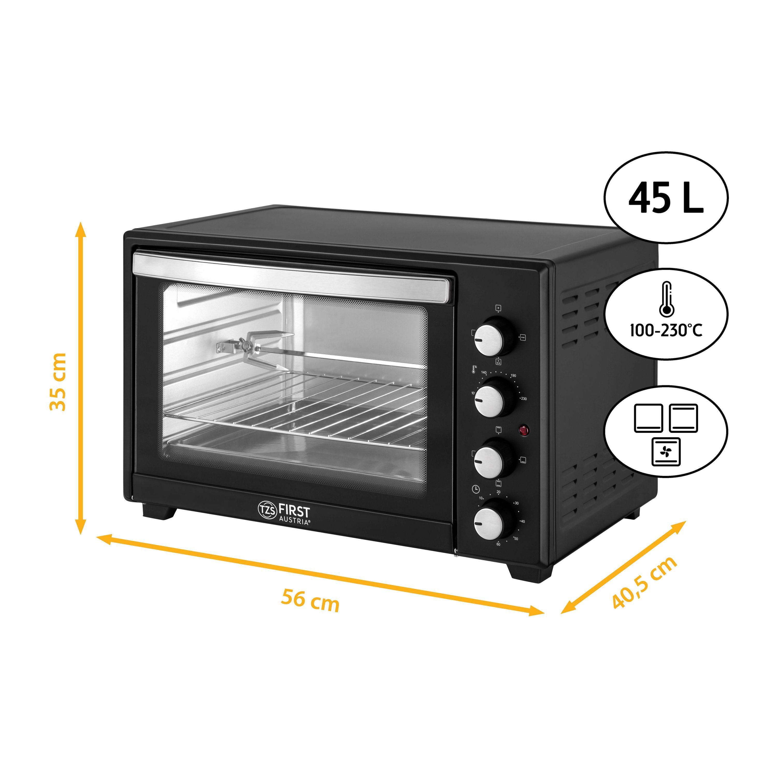 TZS FIRST AUSTRIA Minibackofen Mini-Backofen mit Umluft 45L, 2000W, Kochen, Backen, Hähnchengrill, Temperaturregler 100-230°, energieeffizient, Miniküche, Camping