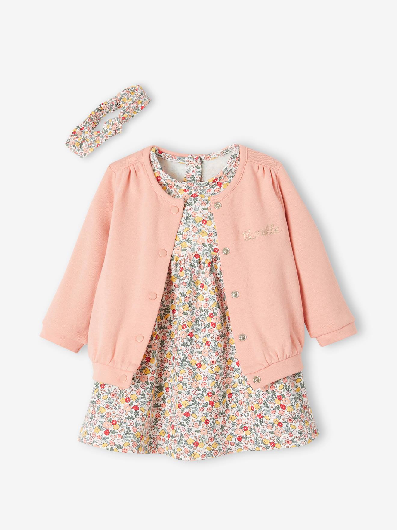 Vertbaudet Mädchen Baby-Set: Kleid, Strickjacke & Haarband, personalisierbar Oeko Tex - koralle