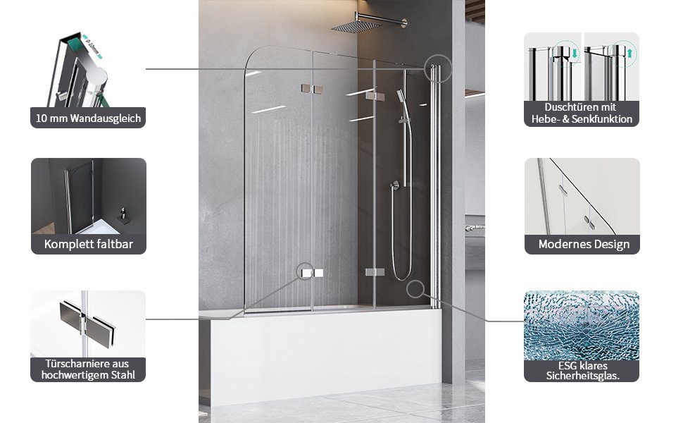 Boromal Badewannenaufsatz Duschwand für Badewanne 3 teilig Badewannenfaltwand Faltbar 120-130cm, Sicherheitsglas, (3-teilig faltbar, 3-teilig faltbar), Duschtrennwand 6mm ESG Glas, Nano