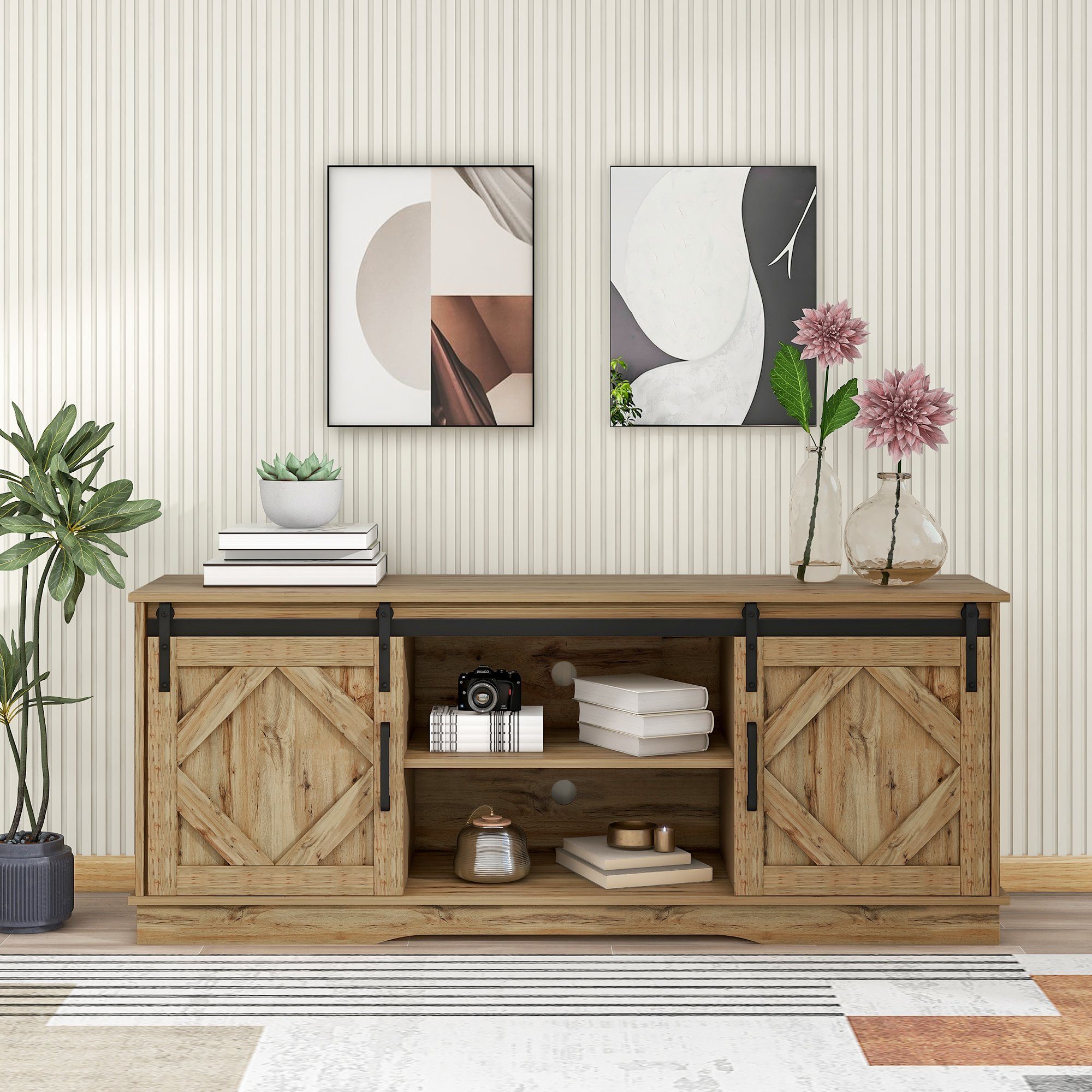 OKWISH TV-Schrank TV Stand Sideboard Entertainment Center (vintage Braun Entertainment Center 150*40*60cm, mit 2 klassischen Schiebetüren Einstellbare Regale) für Wohnzimmer Esszimmer Landhaus Modernes Design