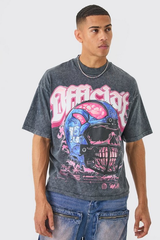 Kastiges Oversize T-Shirt mit Official Totenkopf-Print und Acid-Waschung