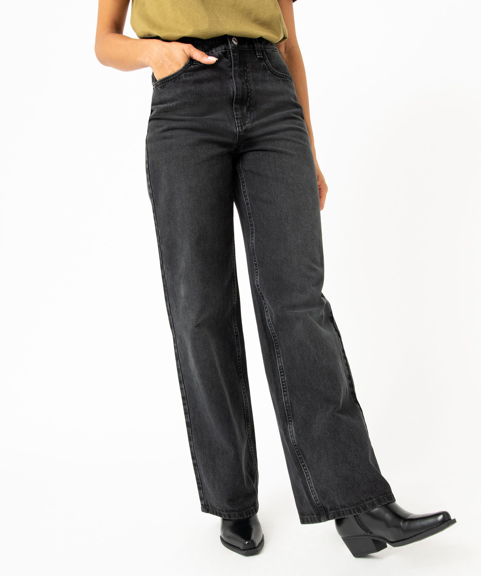 Jean "Wide leg" taille haute coloris délavé femme noir | GEMO