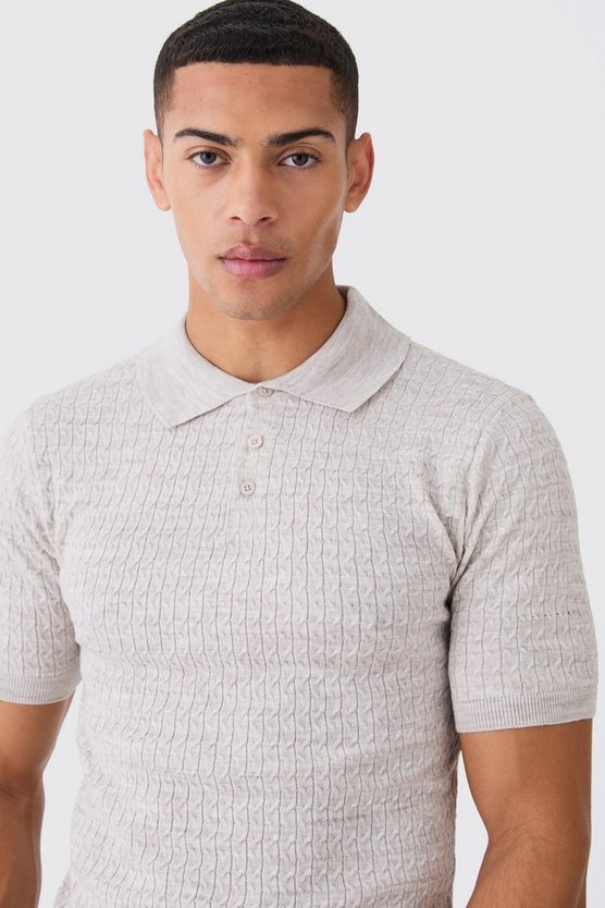 Tall Muscle-Fit Zopfmuster-Poloshirt mit kurzen Ärmeln