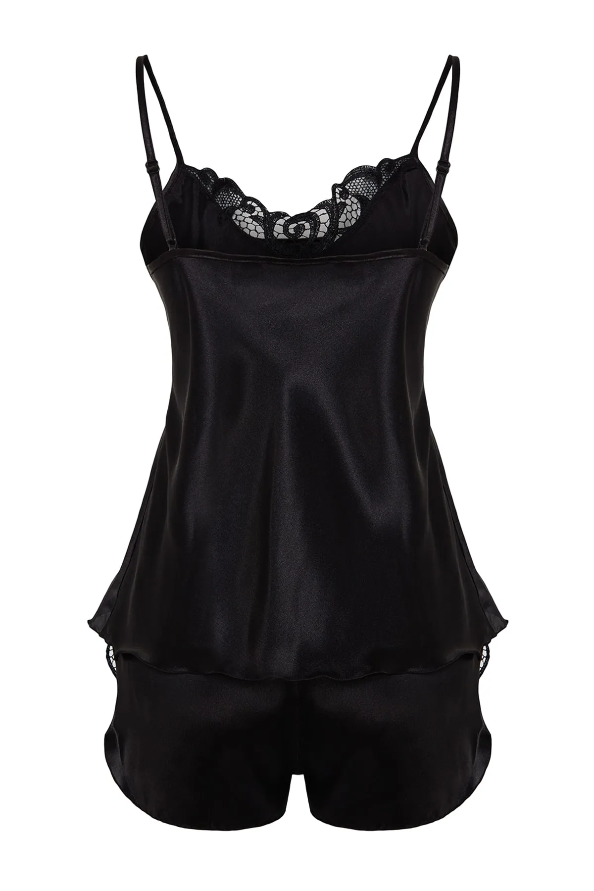 Trendyol Collection  Schwarzes Pyjama-Set aus gewebtem Satin mit Spitzendetails und Seilträgern THMAW21PT0843