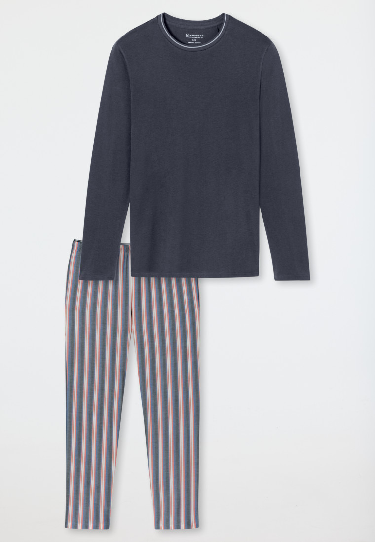 Schlafanzug lang Organic Cotton Streifen in Kohlgrau - selected! premium