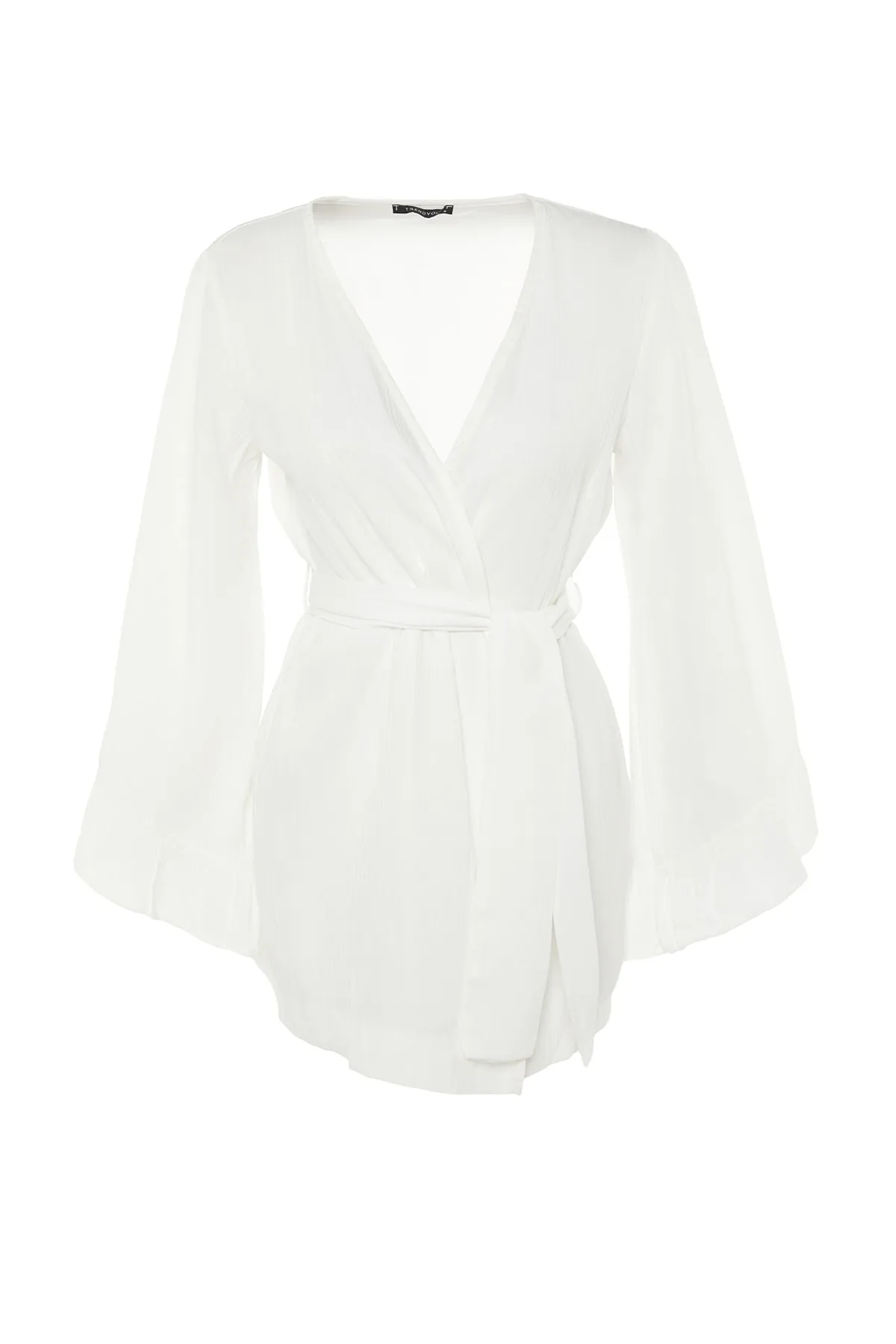 Trendyol Collection  Ecrufarbener Mini-Kimono und Kaftan mit gewebtem Volant und Gürtel TBESS21KM0002