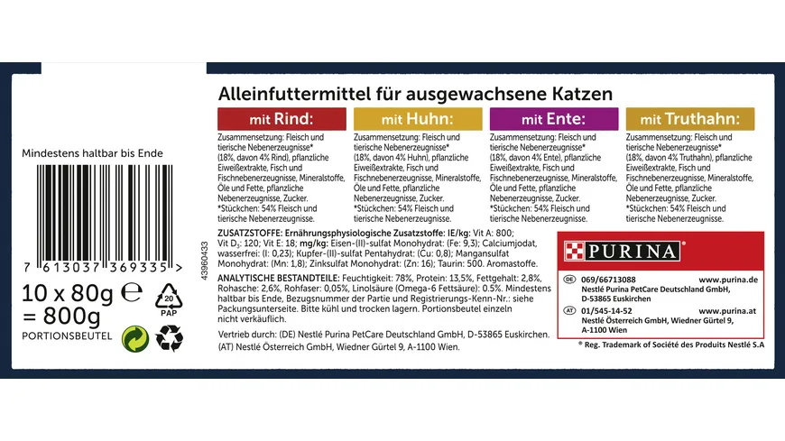 PURINA FELIX Tasty Shreds Geschmacksvielfalt vom Land Katzennassfutter 10x80g Portionsbeutel 800 g