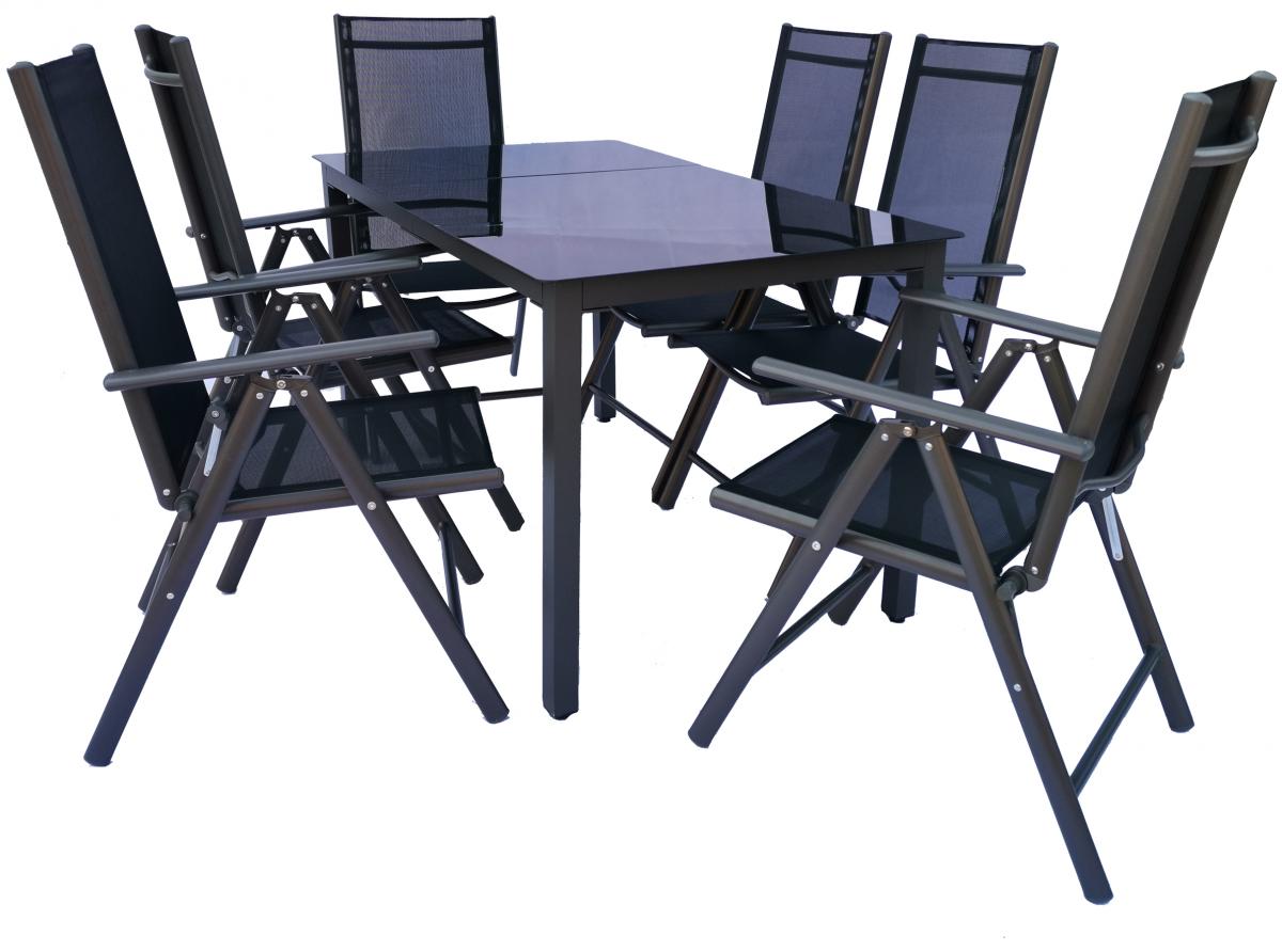 VCM Alu-Gartenset 189 Schwarzglas Tisch   6 Stühle