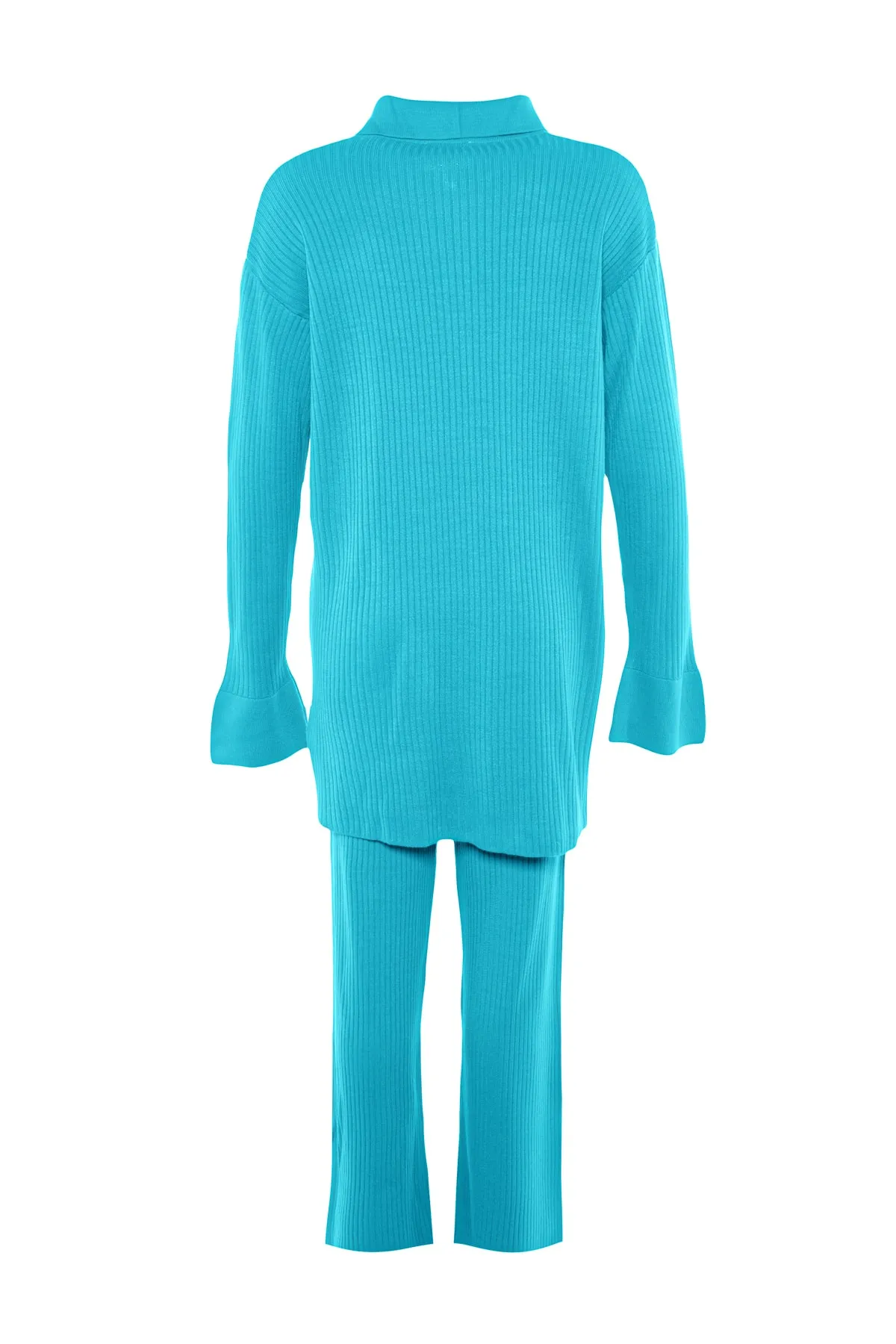 Trendyol Modest  Türkisfarbenes Strickset aus Cardigan und Hose mit Schlitzdetail TCTAW23US00028