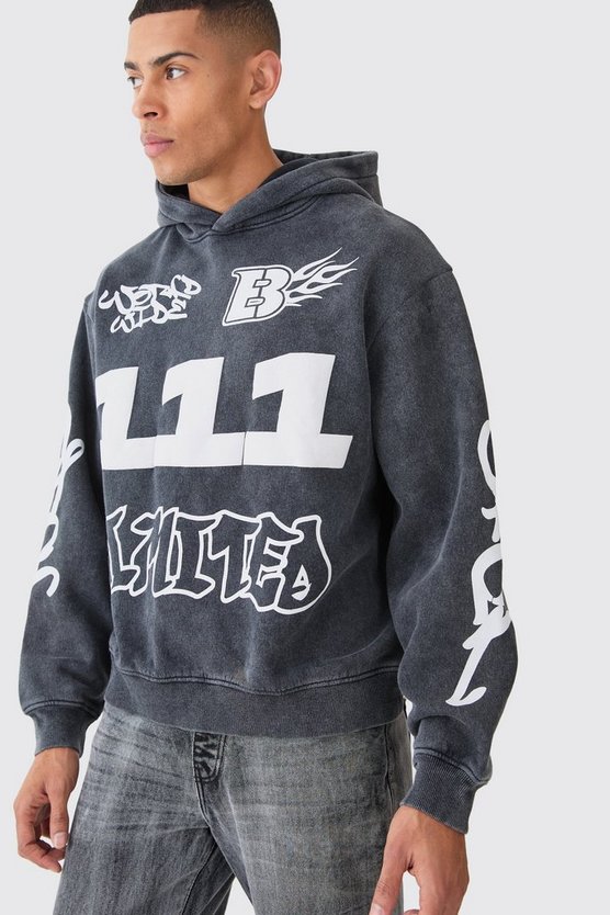 Kastiger Oversize Hoodie mit Acid-Waschung und Print