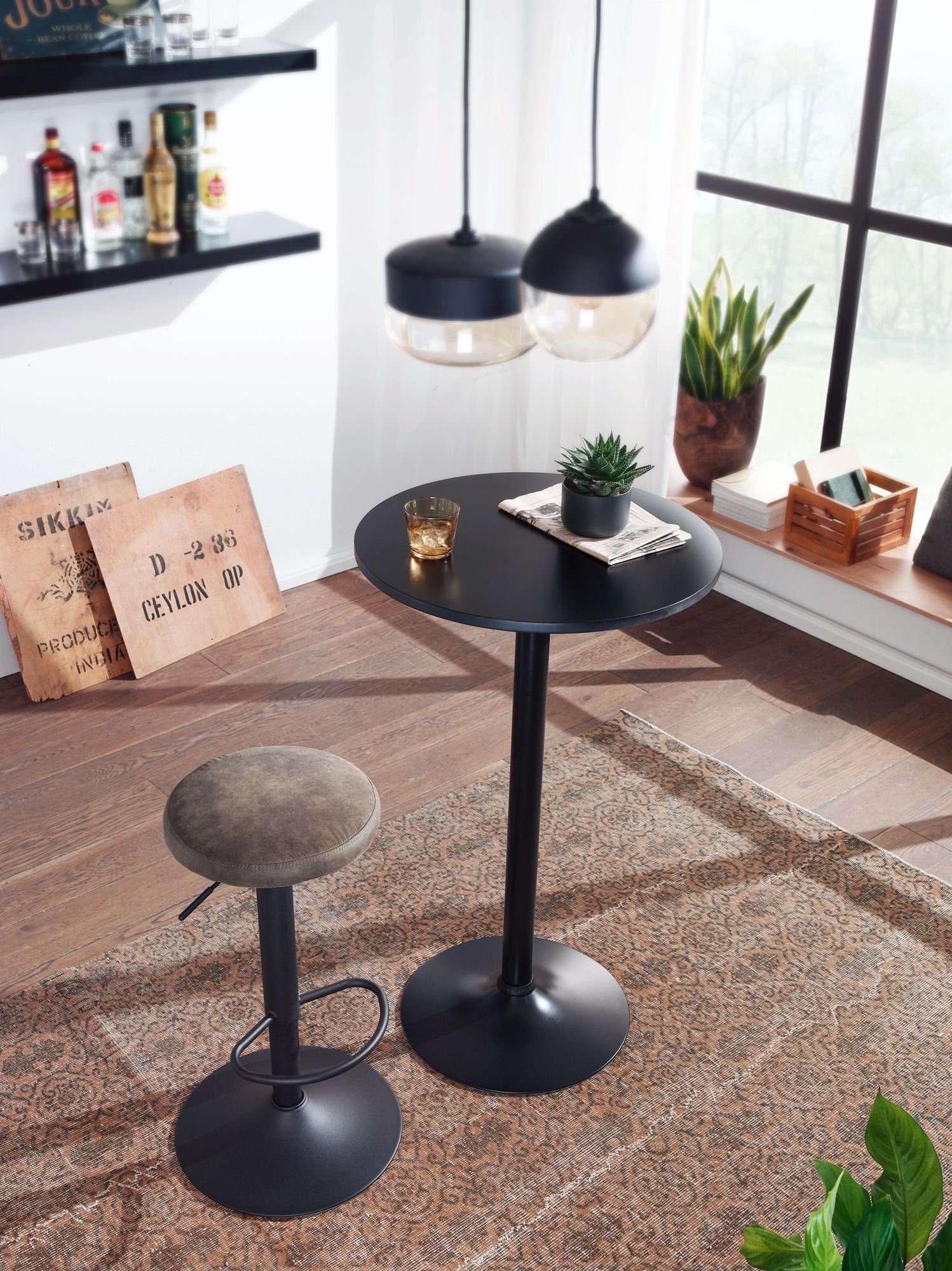 FINEBUY Bartisch FB58352 (Stehtisch Schwarz Ø 60 cm Metall / Holz Rund), Partytisch 100 cm Hoch, Bistrotisch Messetisch