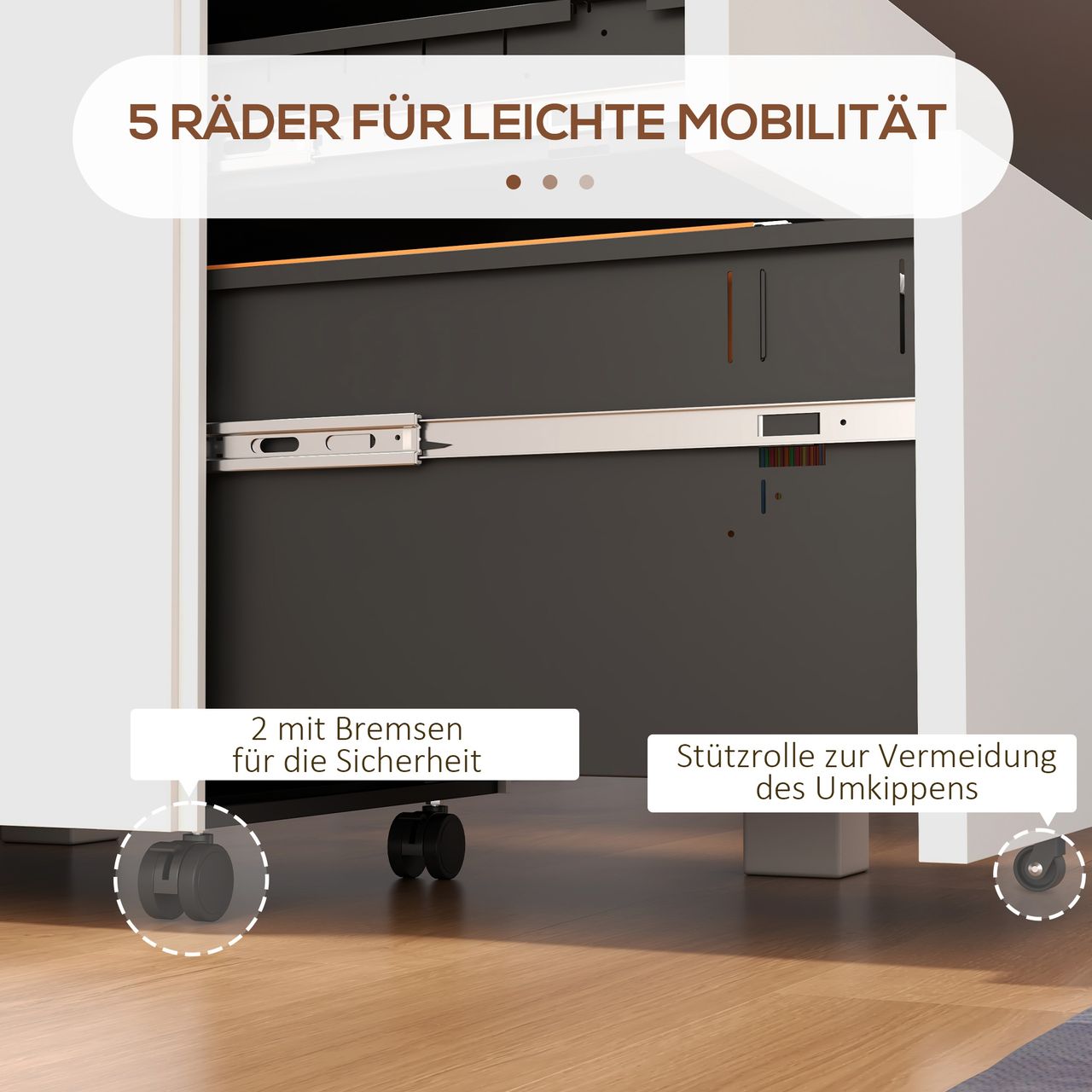 Vinsetto Rollcontainer Aktenschrank mit 3 Schubladen, Büroschrank mit Schloss