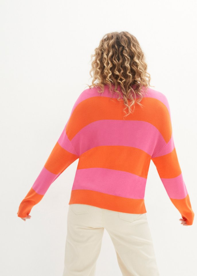 Rundhals-Feinstrickpullover mit Blockstreifen