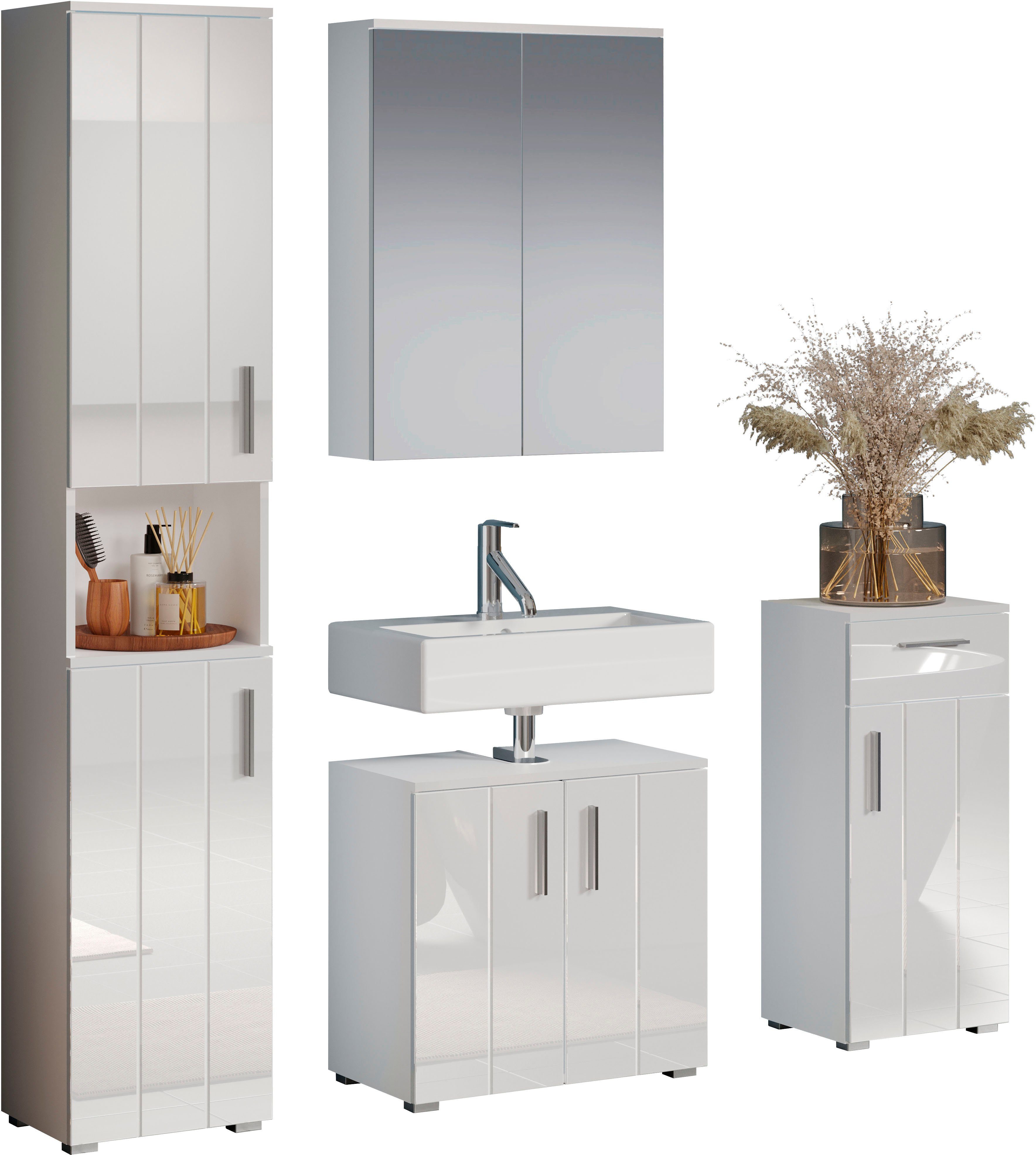 welltime Badezimmer-Set Prag, (Set, 4-St), Hochschrank, Unterschrank, Waschbeckenunterschrank & Spiegelschrank