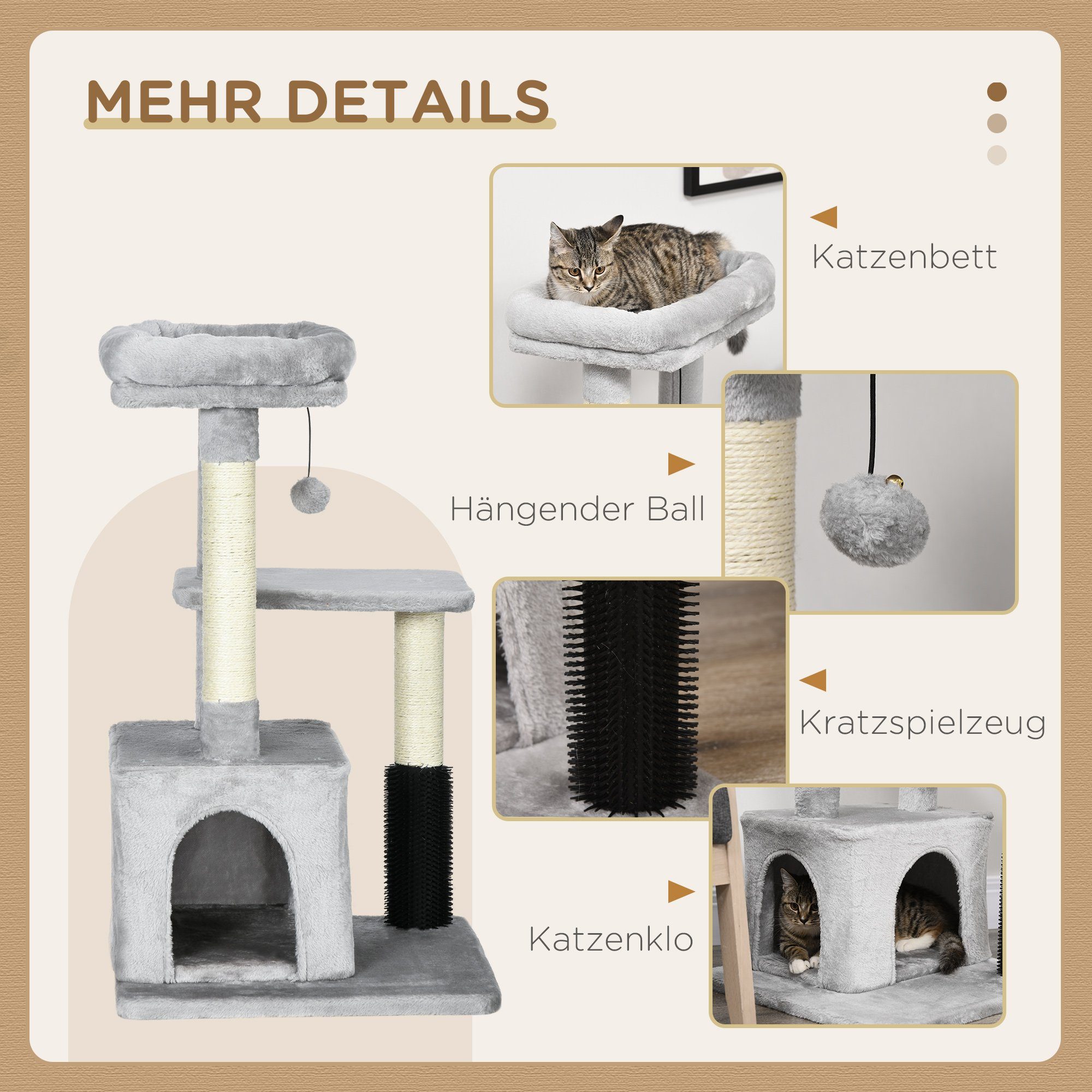 PawHut Kratzbaum Katzenbaum mit Massageecke Katzenhöhle Katzenkratzbaum Hellgrau, 48L x 48B x 85H cm