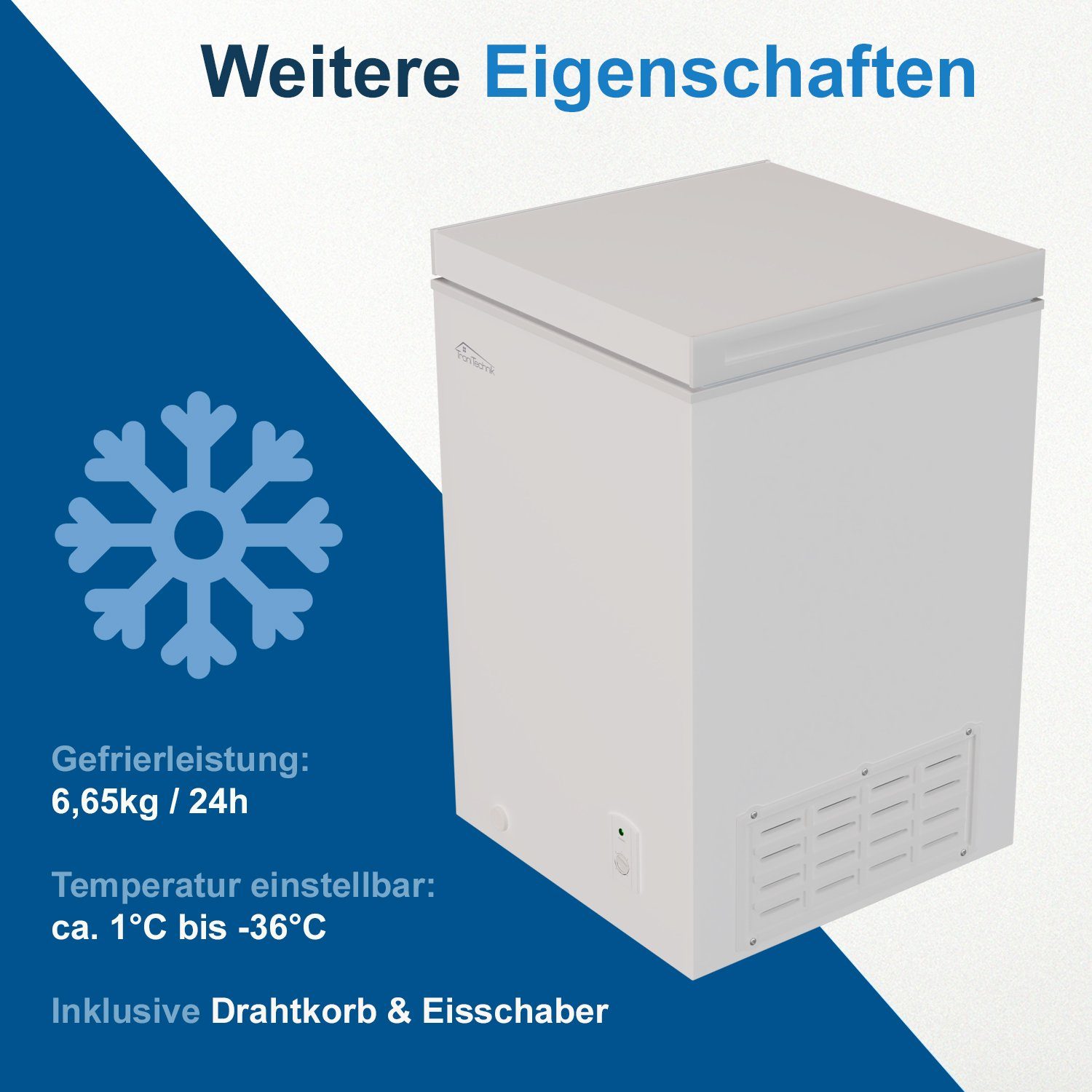 TroniTechnik Gefriertruhe BORGAR 110, 85 cm breit, 100 l, inkl. Einlegekorb, 100 Liter Volumen und Gefrierleistung von 4,5kg/h
