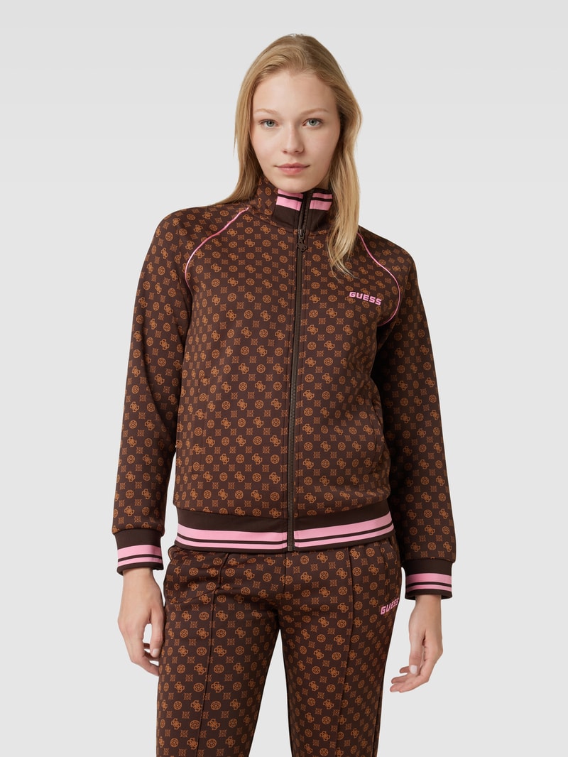 Sweatjacke mit Allover-Muster Modell 'AGGIE' in dunkelbraun