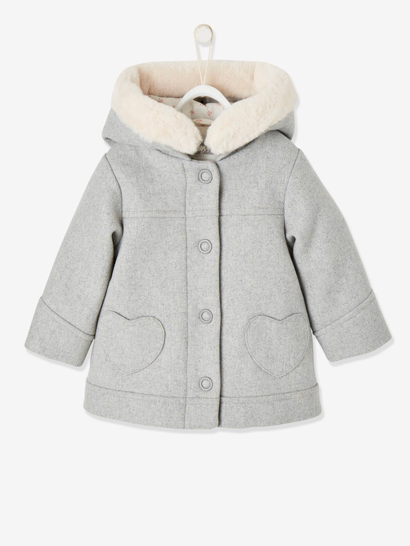 Vertbaudet Mädchen Baby Mantel mit Kapuze - graubeige