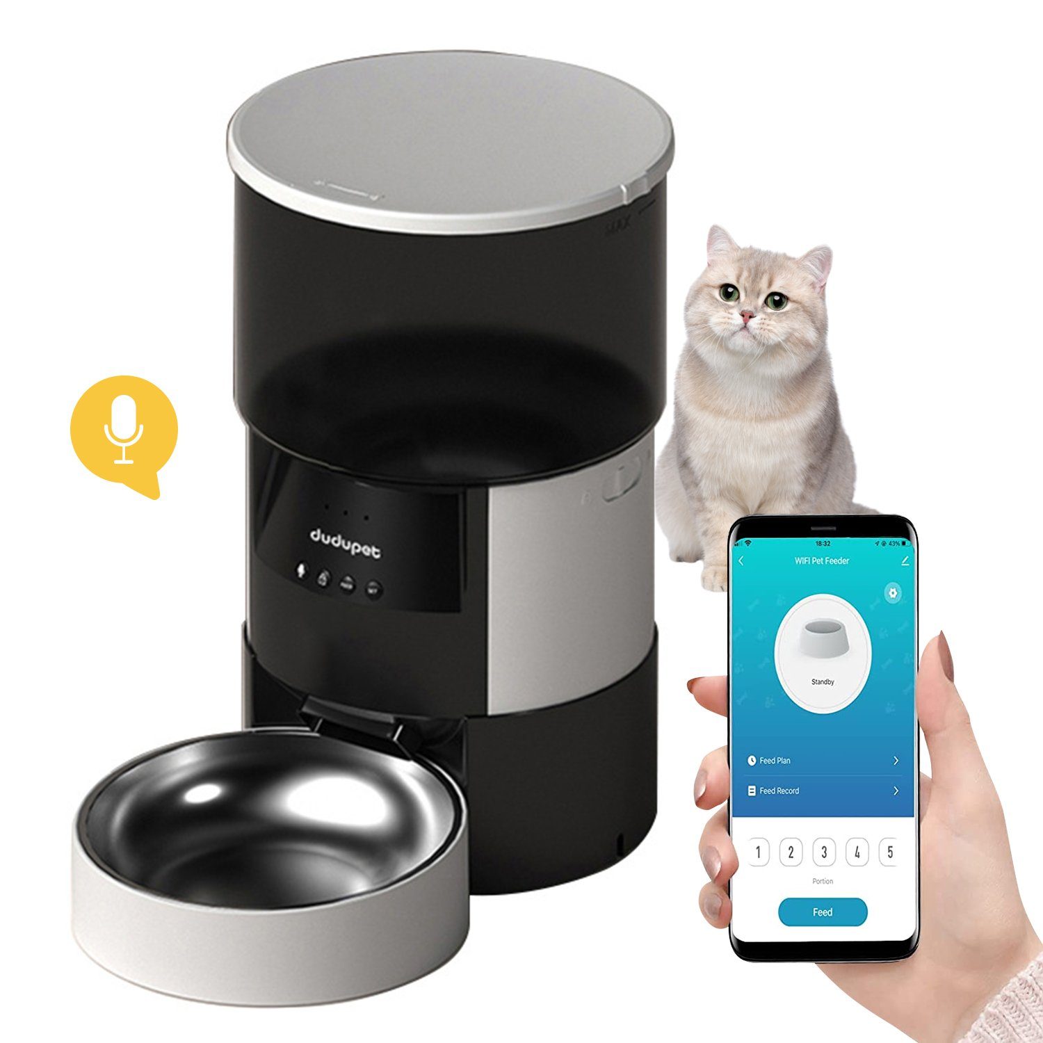 Kpaloft Katzen-Futterautomat WLAN APP-Steuerung Automatischer Futterspender Katzenfutter mit Timer, 10s Aufnahmefunktion, Anti-Clog Design & Duale Stromversorgung