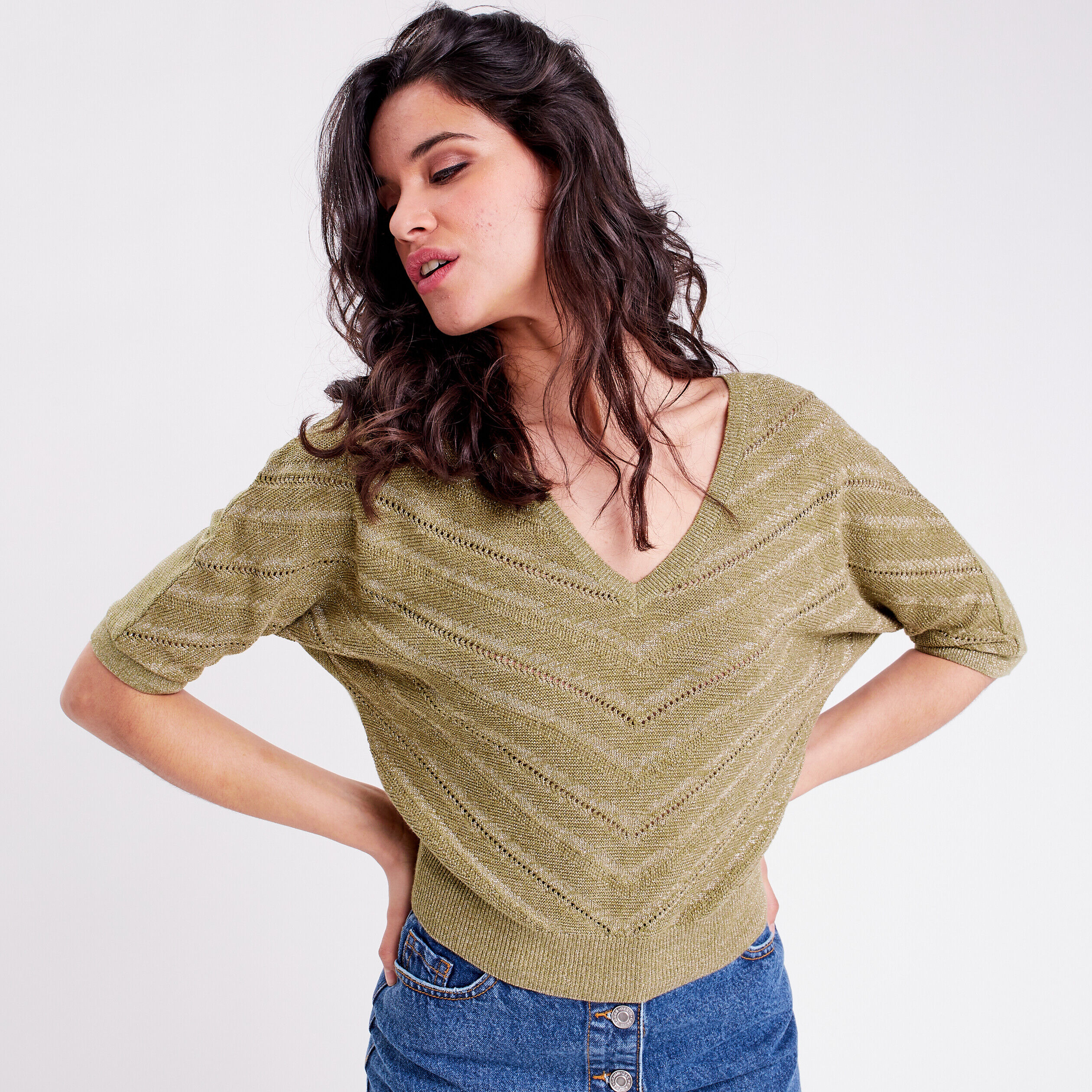 Pull manches chauves-souris vert kaki femme | Cache Cache
