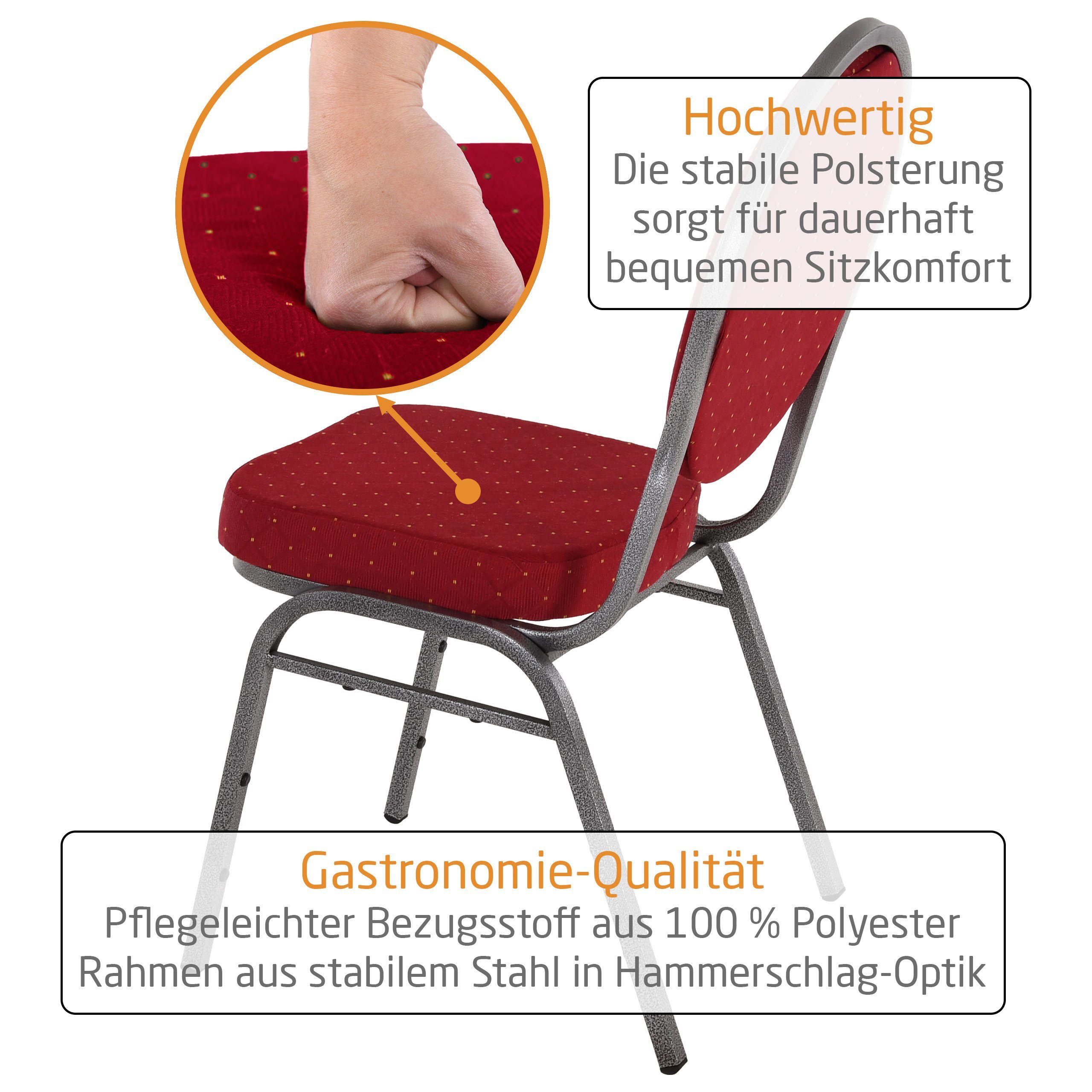 Raburg Stapelstuhl DAVID Bankettstuhl ROT mit CINDERELLA Stretch-Stuhl-Hussen WEIß (verschiedene Setgrößen, 6 St), belastbar bis 150 kg, stapelbar, ideal für Festlichkeiten & Partys