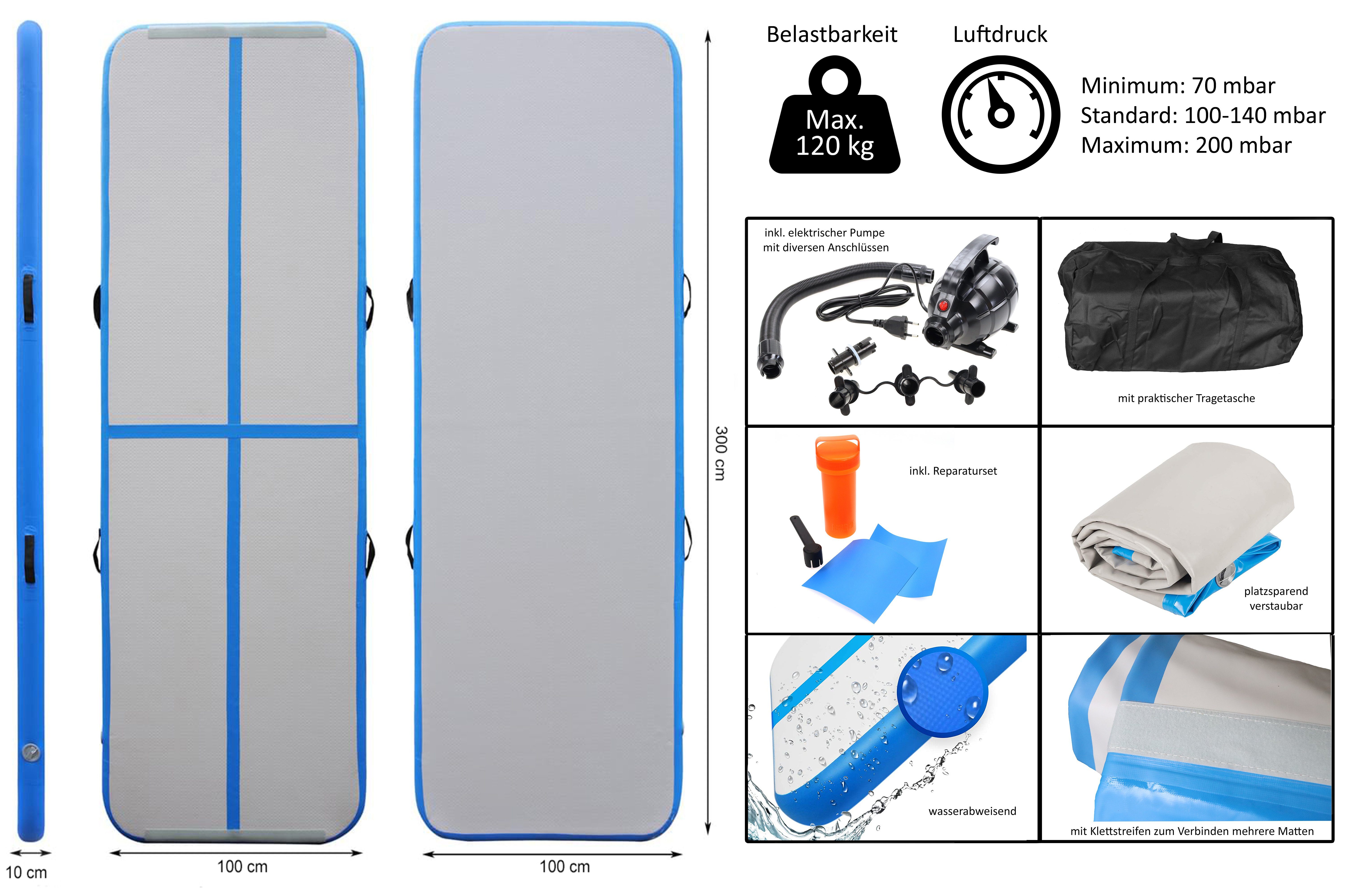 ELLUG Bodenturnmatte Airtrack/Tumbling/Gymnastik Matte Turnmatte, aufblasbar, L.: 3/4/5m H.: 10/20cm inkl. elektr. Pumpe/Tasche/Reperaturset