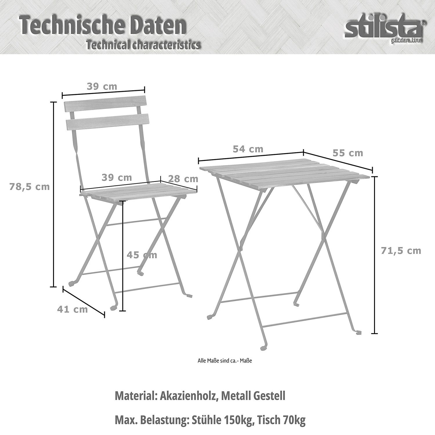 STILISTA Balkonset Bistroset Sitzgruppe Gartenmöbel Terrassenmöbel, (Set, 3er Set), FSC®-zertifiziertes Akazienholz und Metall, 3-tlg., Klappbar