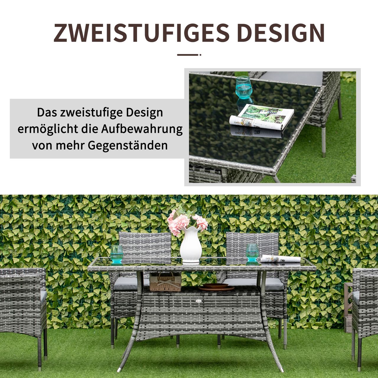 Outsunny Gartentisch Glastisch Esstisch Gartenmöbel Tisch, Polyrattan Sicherheitsglas, Grau Schwarz, 150x85x74cm