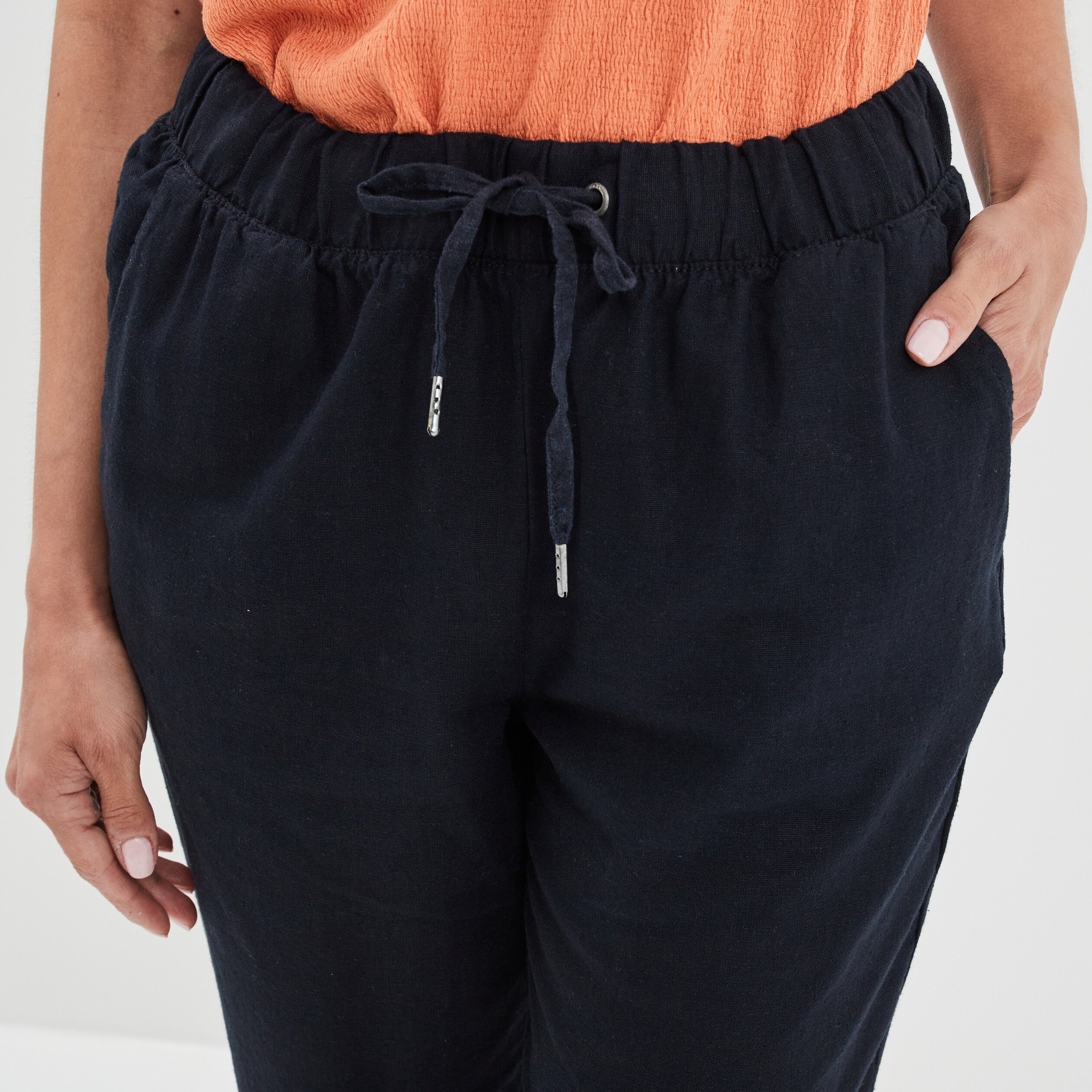 Pantalon droit fluide en mélange de lin bleu foncé femme | La Halle