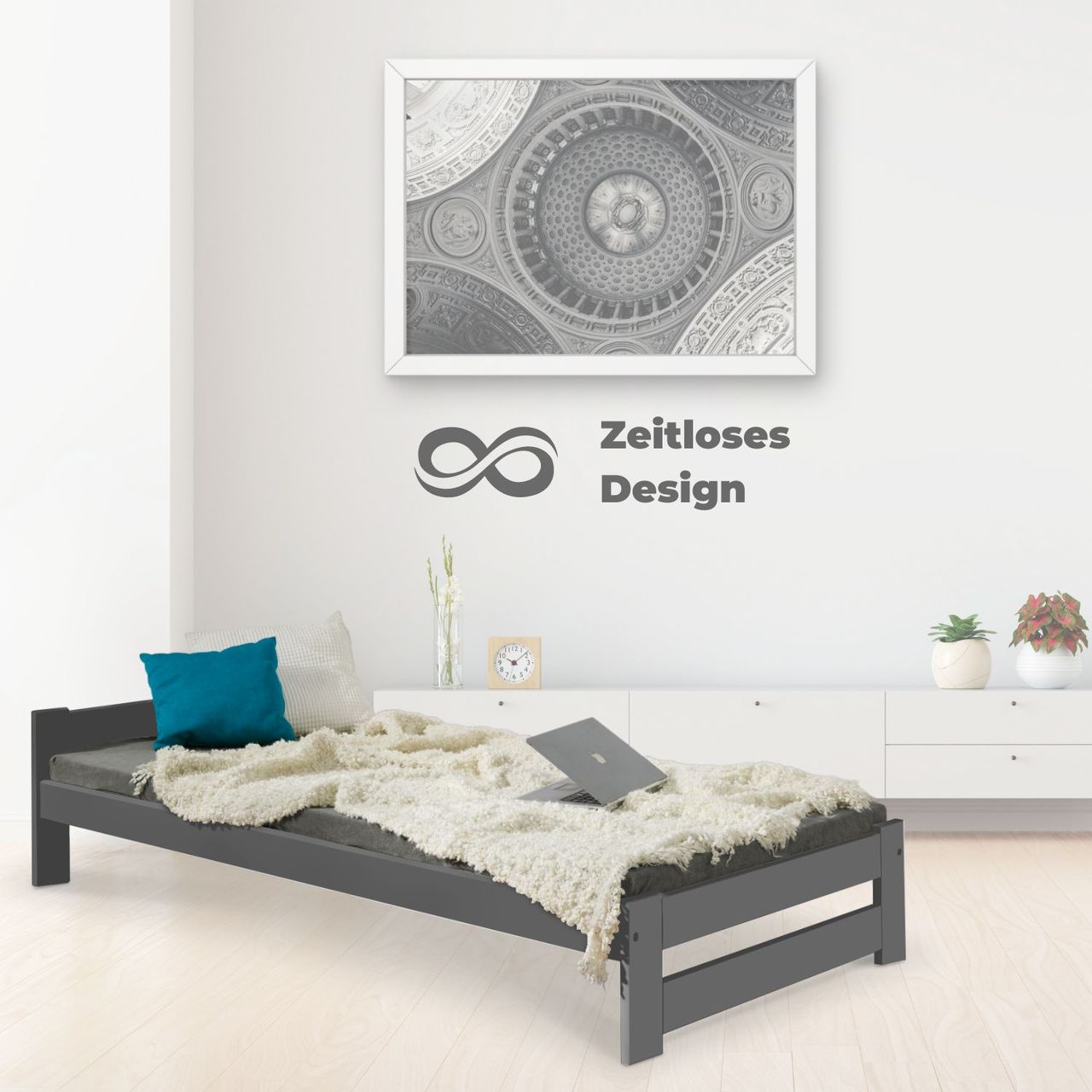 Coemo Bett Classico Holzbett Bettgestell mit Lattenrost Massivholz Kiefer 100 x 200 cm anthrazit