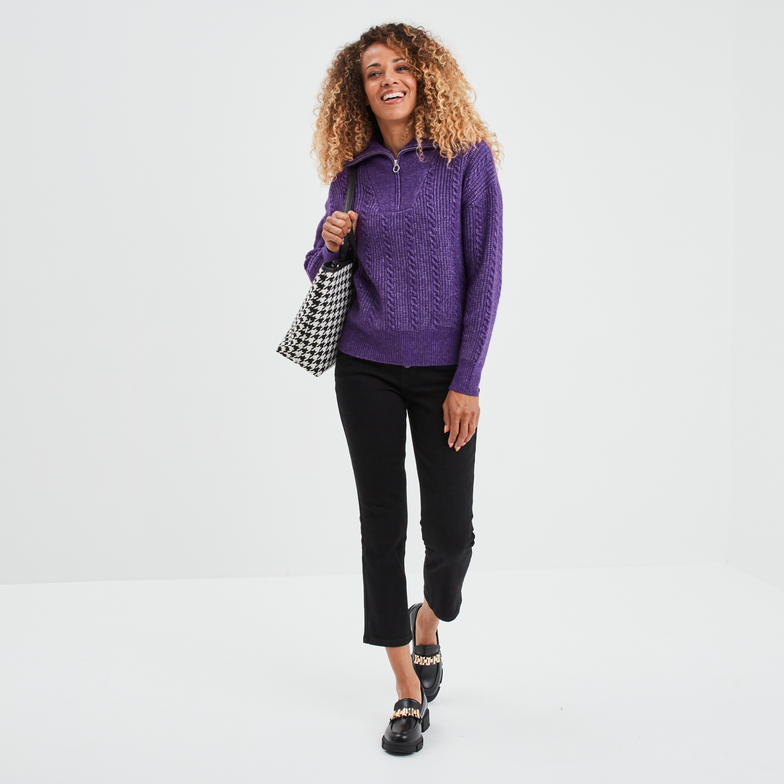 Pull camionneur zippé torsades Liberto violet foncé femme | La Halle