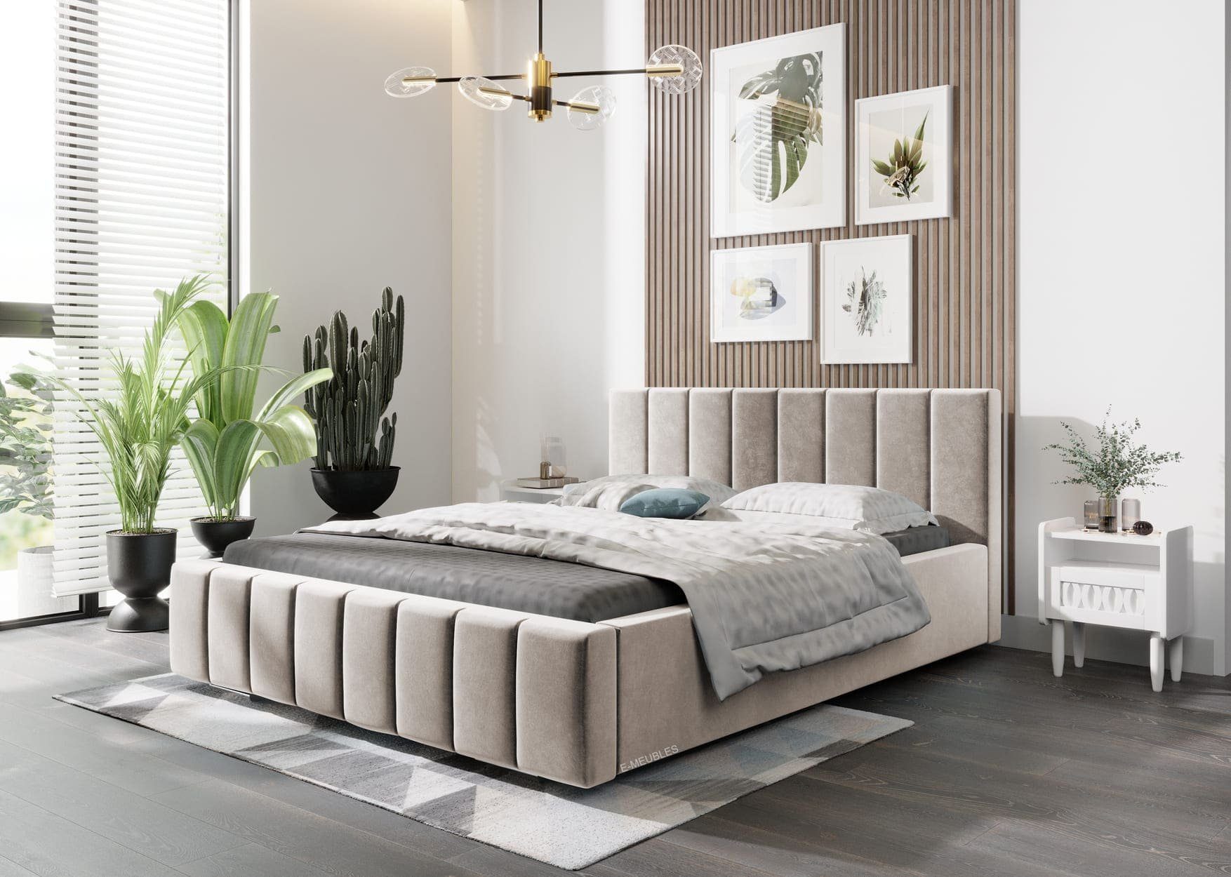 MOEBLO Polsterbett Bett 01 (Doppelbett mit Kopfstütze, Rahmenbettgestell, mit Bettkasten und Lattenrost), gepolstertes Kopfteil, mit Bettkasten, mit Lattenrost