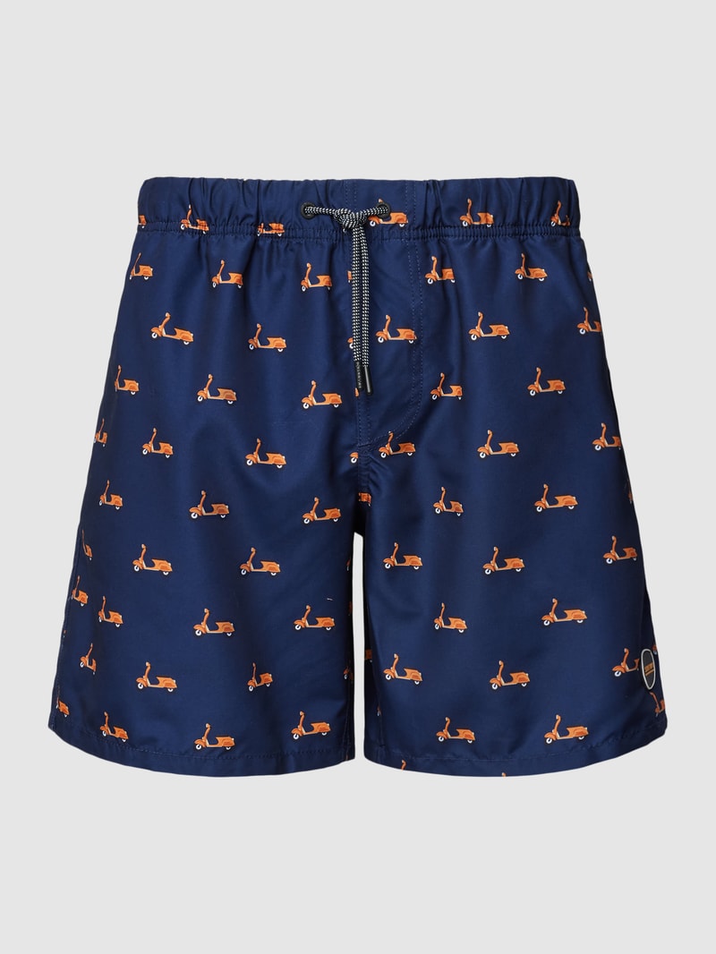 Badehose mit Motiv-Print Modell 'Moped' in dunkelblau