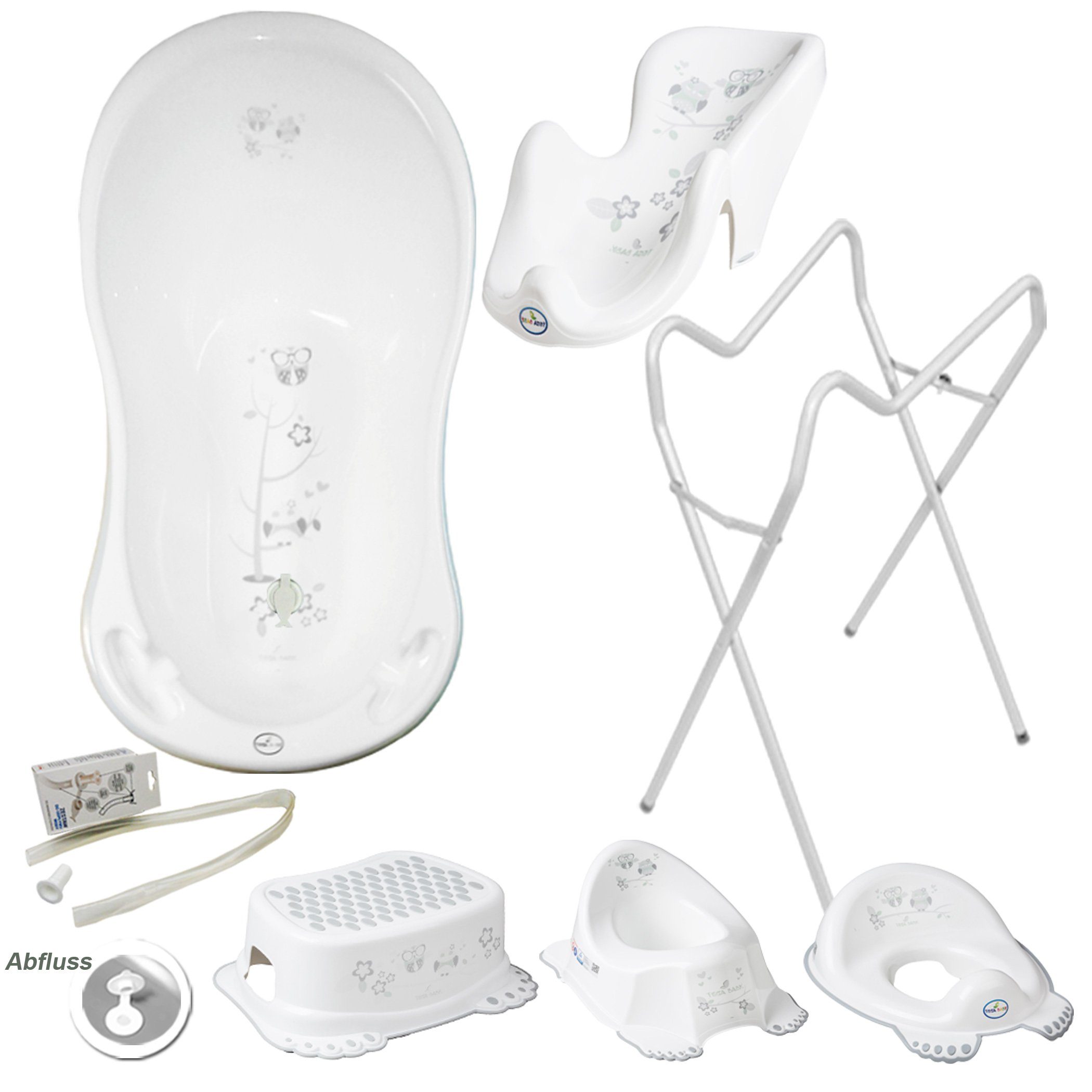 Tega-Baby Babybadewanne 6 Teile SET AB EULE + Ständer Weiß - Abflussset Baby Wanne, (Premium.set Made in Europe), Wanne+ Badesitz+ Töpfchen+ WC Aufsatz+ Hocker+ Ablauf Set+ Ständer