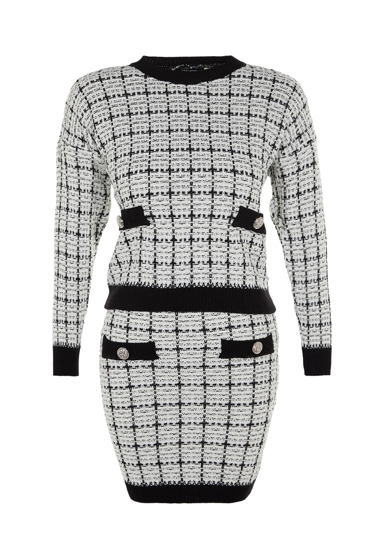 Trendyol Collection  Schwarzes Set aus Oberteil und Unterteil in Tweed-Optik mit Glitzer-Strickrock TWOAW21AU0003