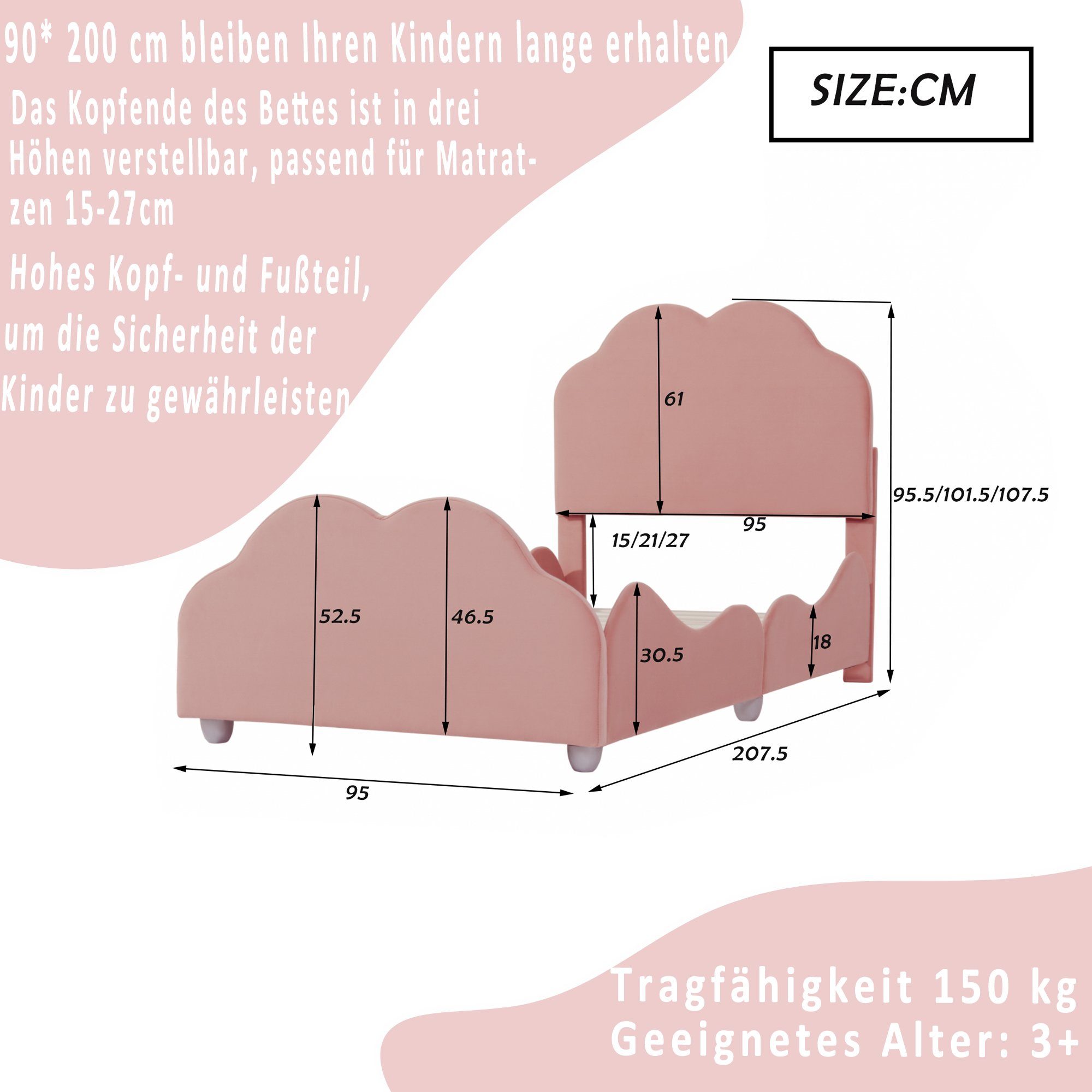 Flieks Kinderbett, süße Wolkenform Einzelbett Polsterbett 90x200cm Samt
