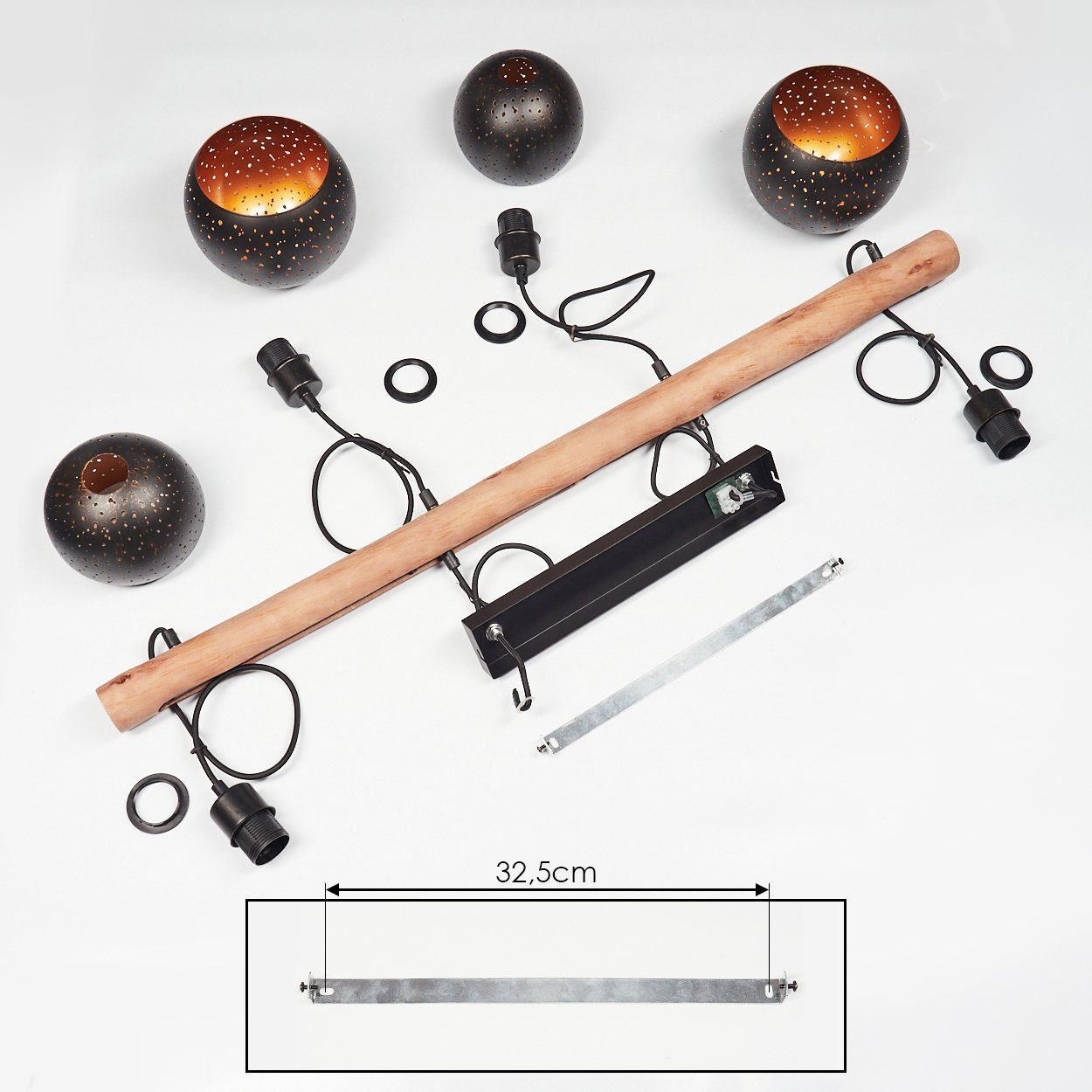 hofstein Pendelleuchte Nave 4-flammige Deckenlampe aus Metall in schwarz und kupferfarben, ohne Leuchtmittel, Vintage Look Pendellampe mit Holz in Natur, 4xE27