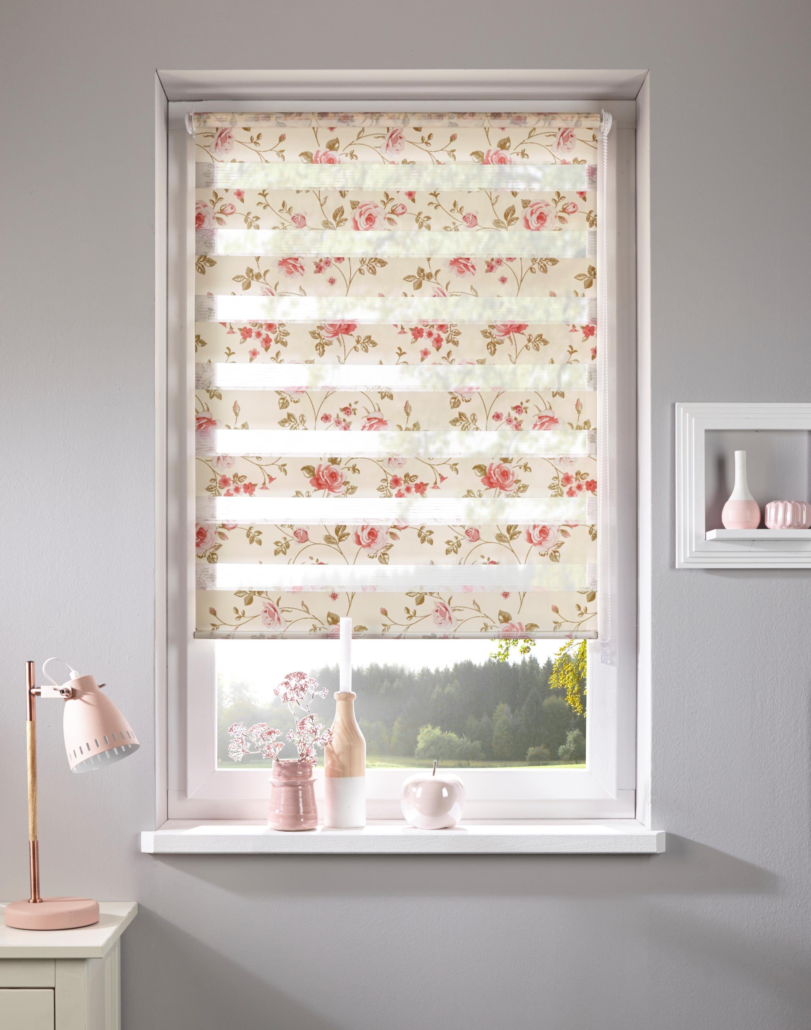 Doppelrollo Blümchen, Home affaire, Lichtschutz, ohne Bohren, freihängend, Klemmfix, Klemmfix, im Fixmaß, Blumen, floral, bedruckt, Rosen