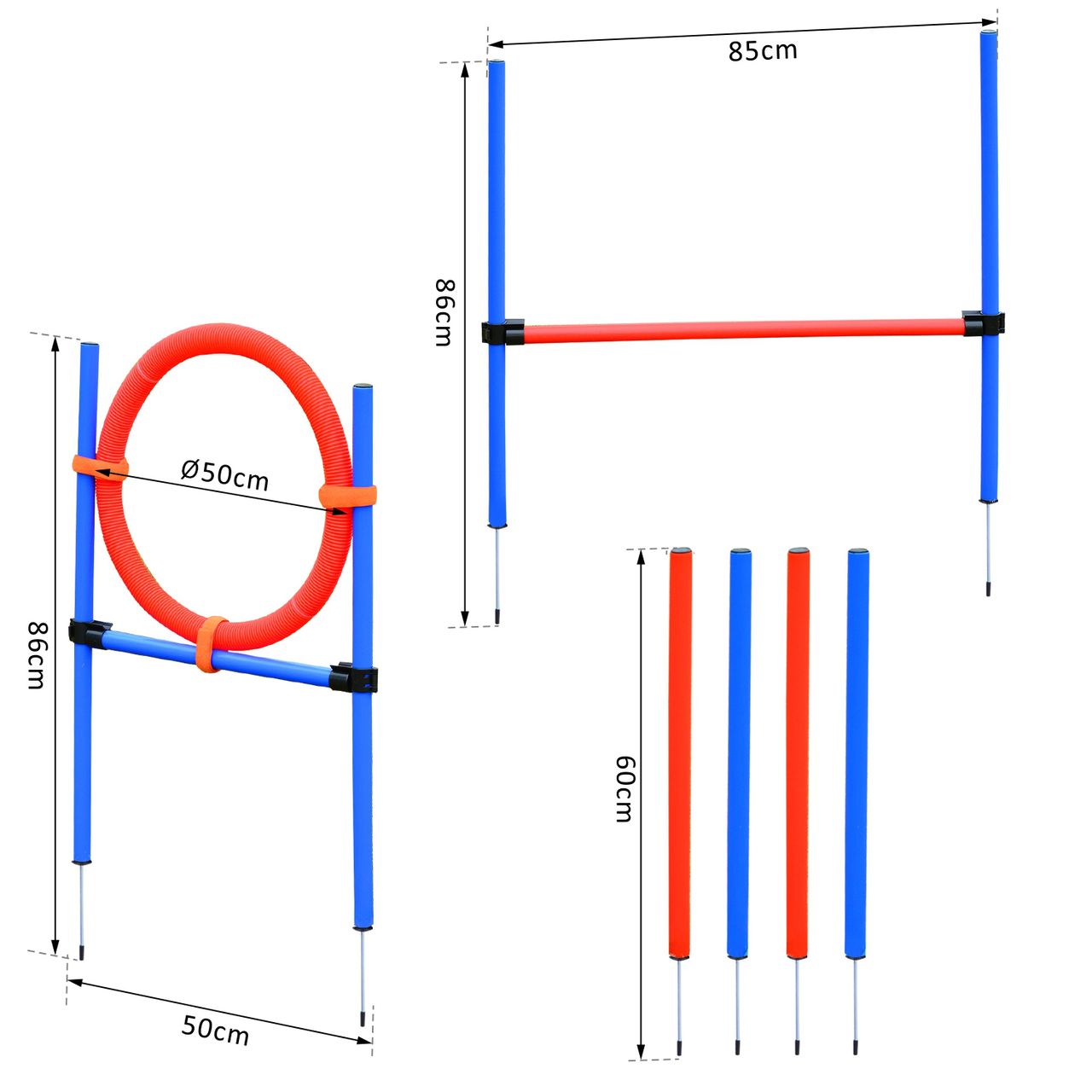 PawHut Agility-Übungs-Set Slalom-Hürden-Sprungring 3 in 1 Hundesport Trainingsplatz PE Blau Rot