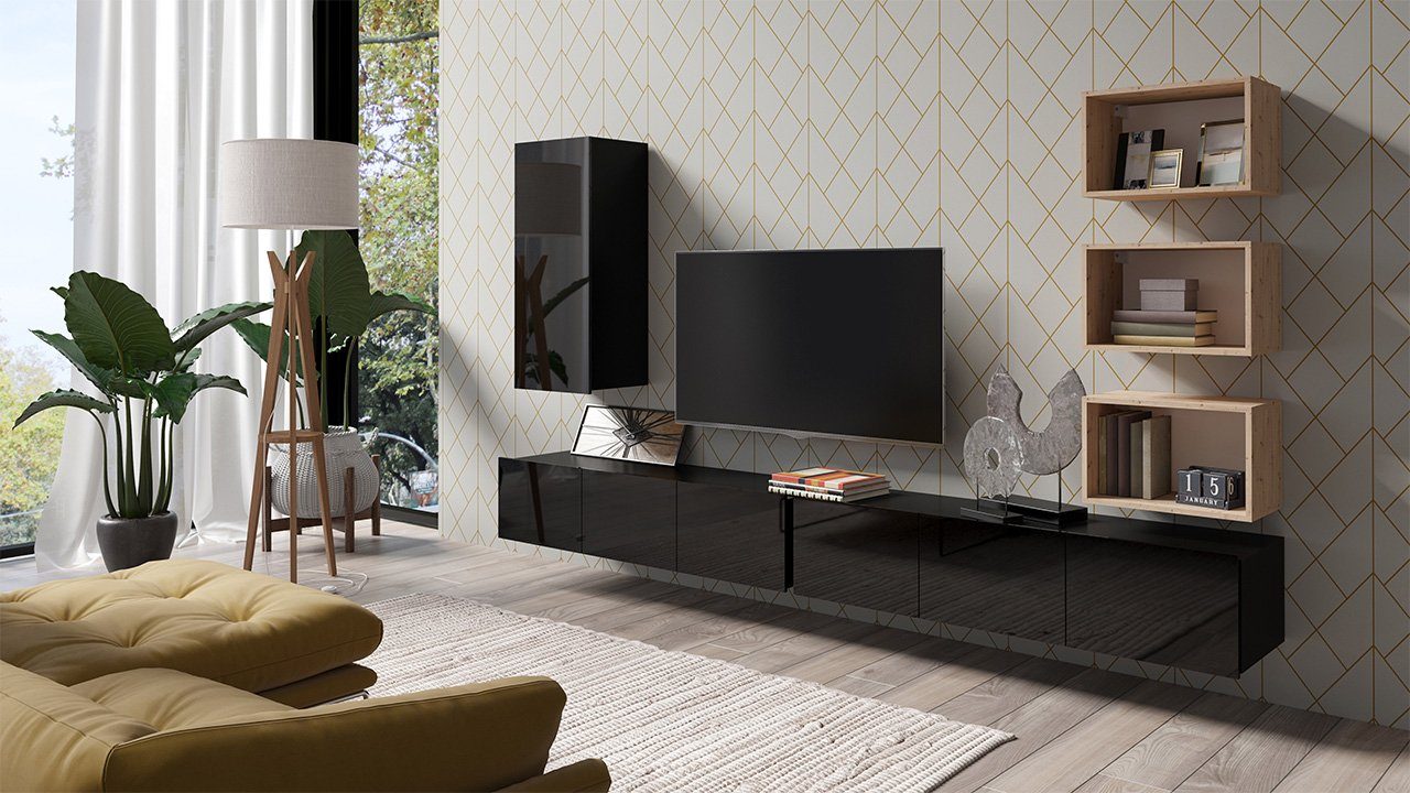 Mirjan24 Wohnwand Calabrini XXXVI, (6er-Set, 2x TV-Lowboard, Hängeschrank, 3x Wandregal), ohne Griffe