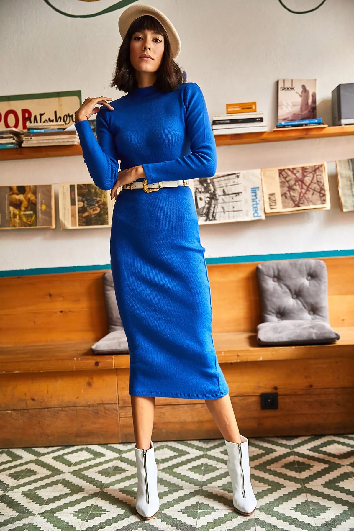Olalook  Damen Saks Blue Lycra Long Camisole Kleid ELB-19000750