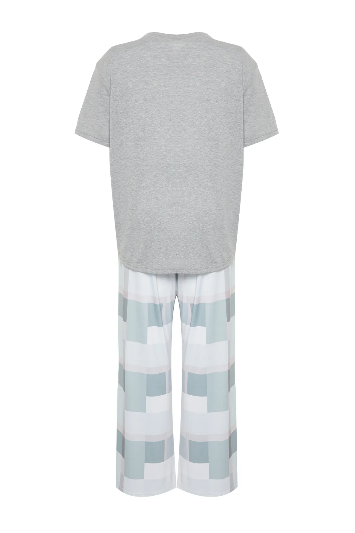 Trendyol Curve  Grau bedrucktes kariertes Strickpyjama-Set TBBAW24AI00020