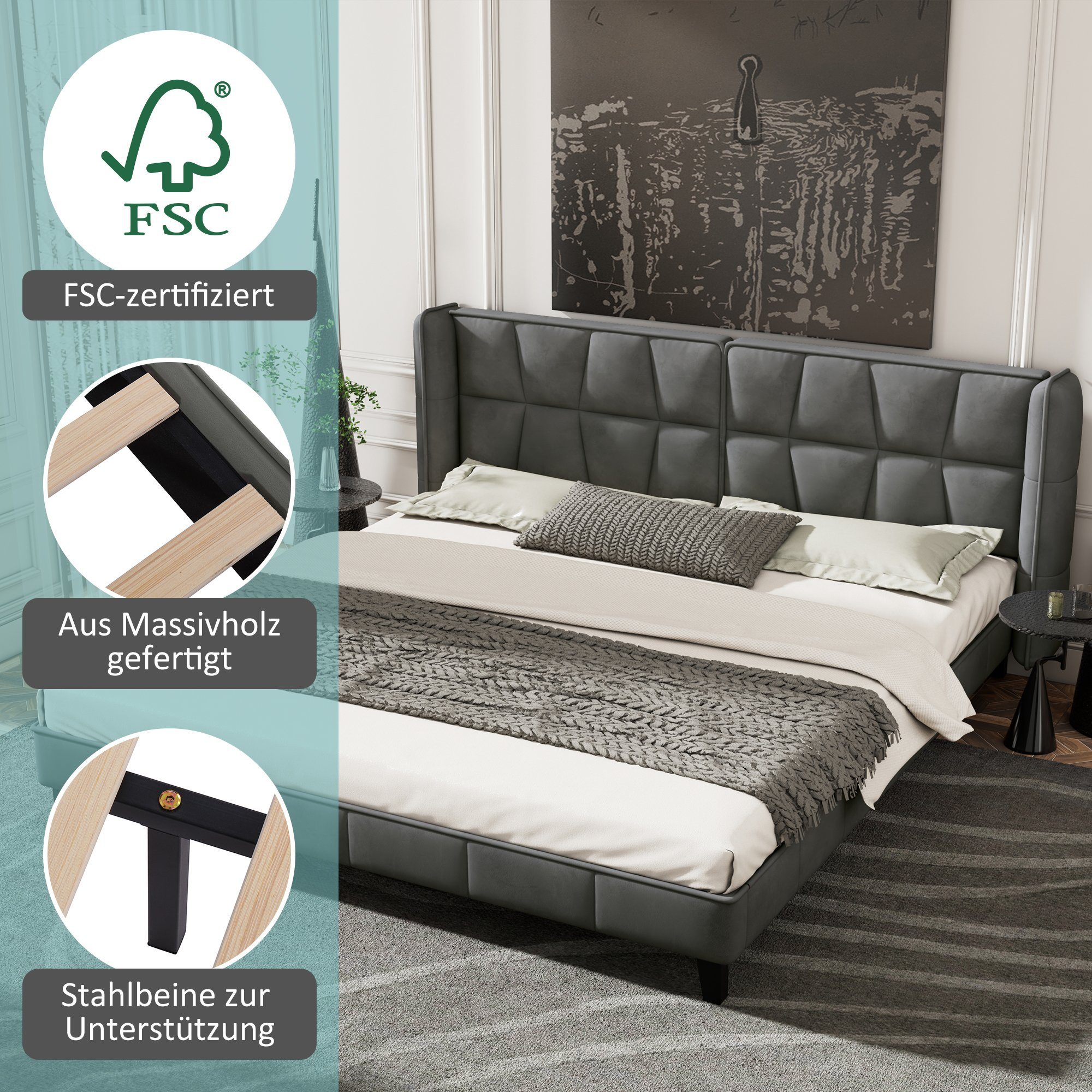 Flieks Polsterbett, Doppelbett mit Lattenrost und Kopfteil Samt 160x200cm