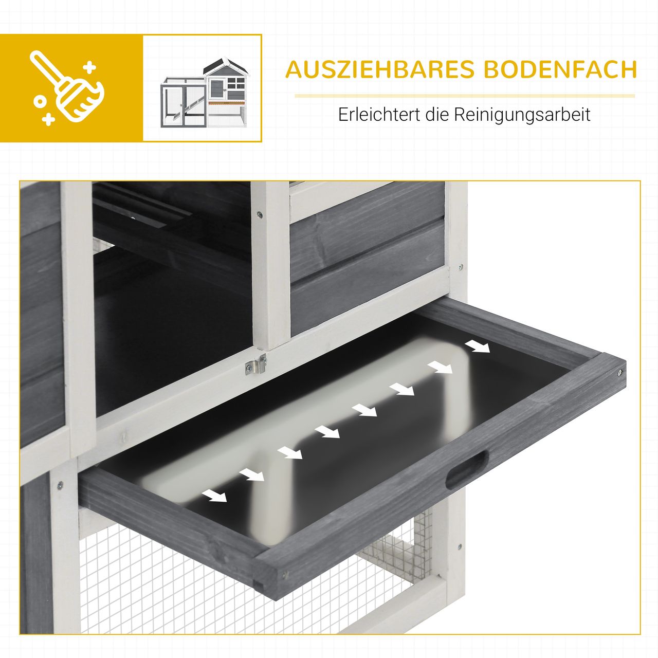 PawHut Kaninchenstall Tannenholz Outdoor Indoor Kleintierstall Kleintierhaus Kleintierkäfig Herausnehmbare Bodenwanne und Rampe Grau Schwarz Weiß 122 x 62,6 x 92 cm