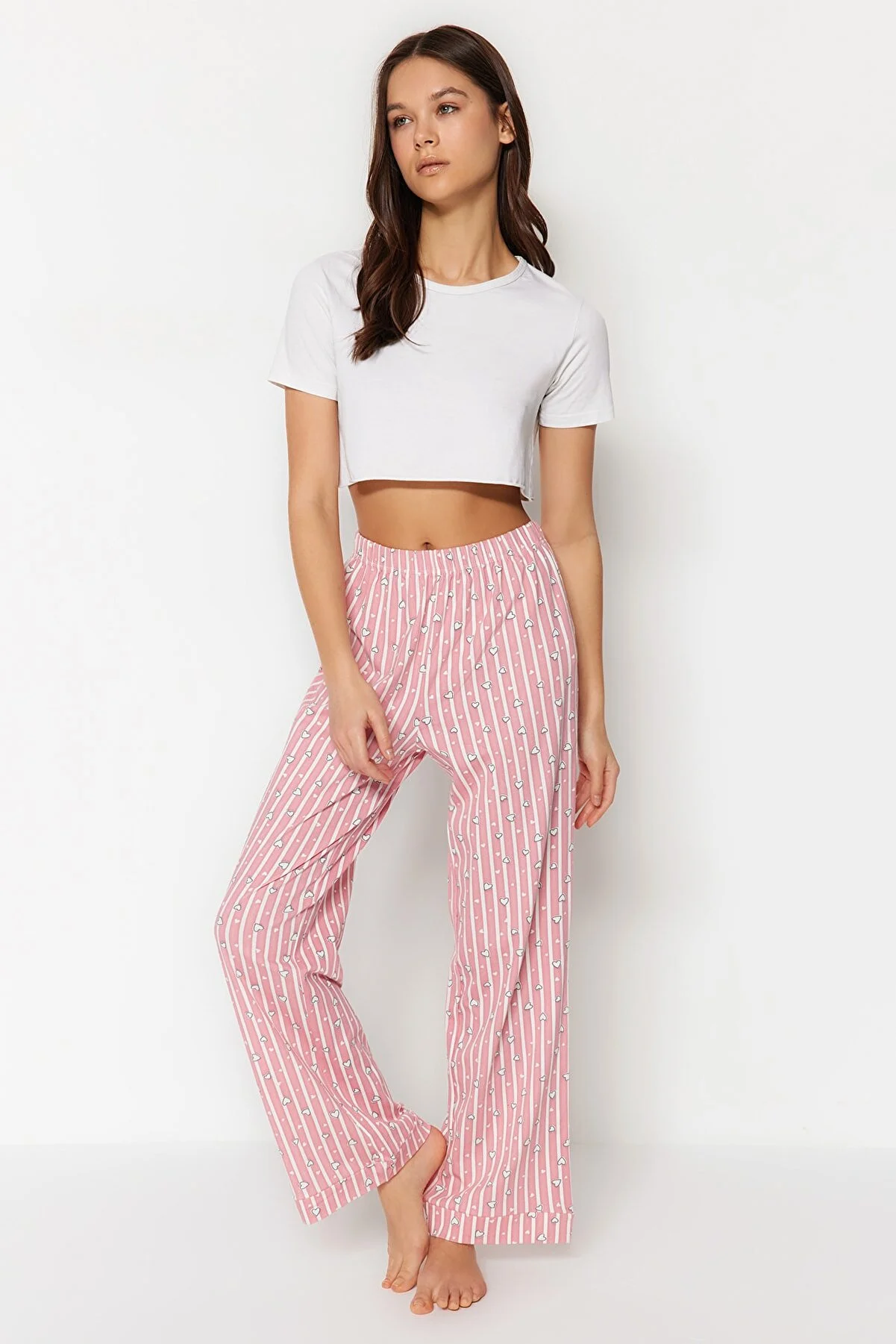 Trendyol Collection  Gestreifte gestrickte Pyjamahose aus rosa Baumwolle THMSS23PJ00002