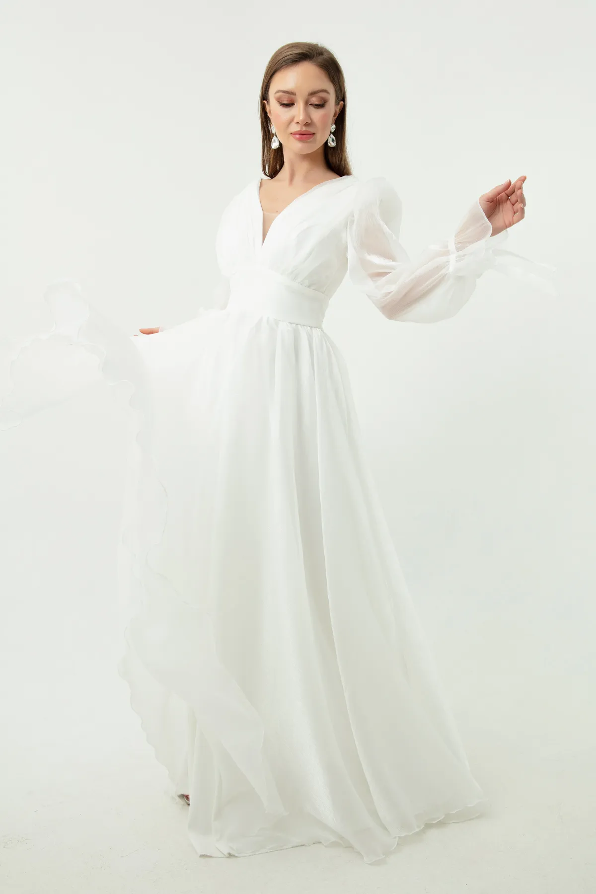 Lafaba  Weißes langes Abendkleid für Damen mit Ballonärmeln und V-Ausschnitt