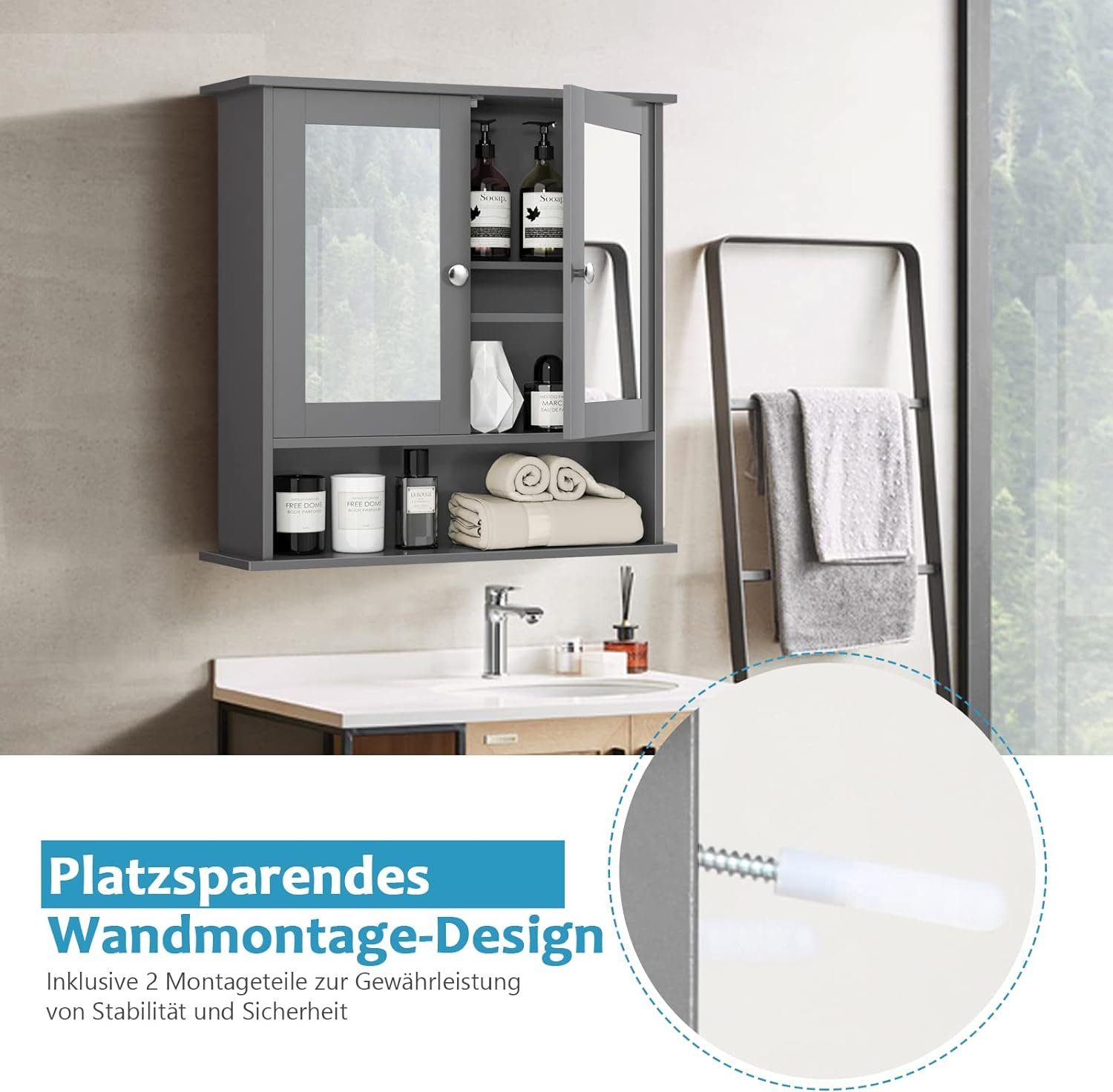 KOMFOTTEU Spiegelschrank Badezimmerspiegelschrank Wandschrank hängend, 56 x 13 x 58 cm